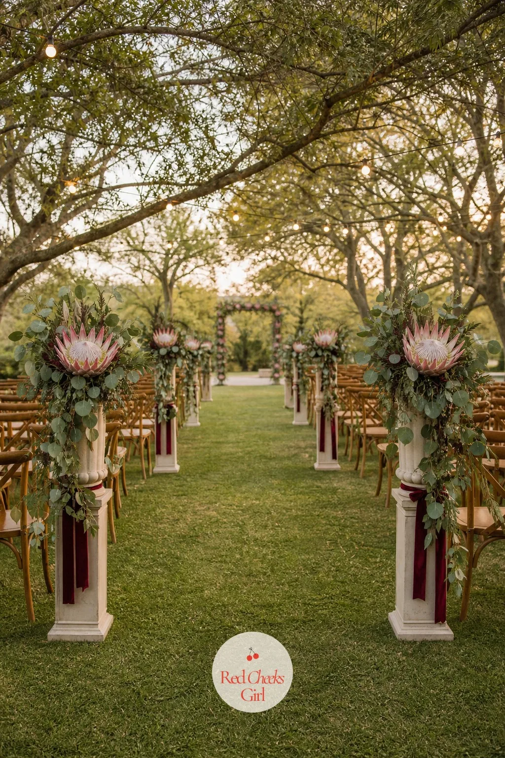 Aisle Urns Of King Protea And Trailing Eucalyptus — Down the length of the aisle, tall urns mark every third or fourth row, so the eye travels toward the arch