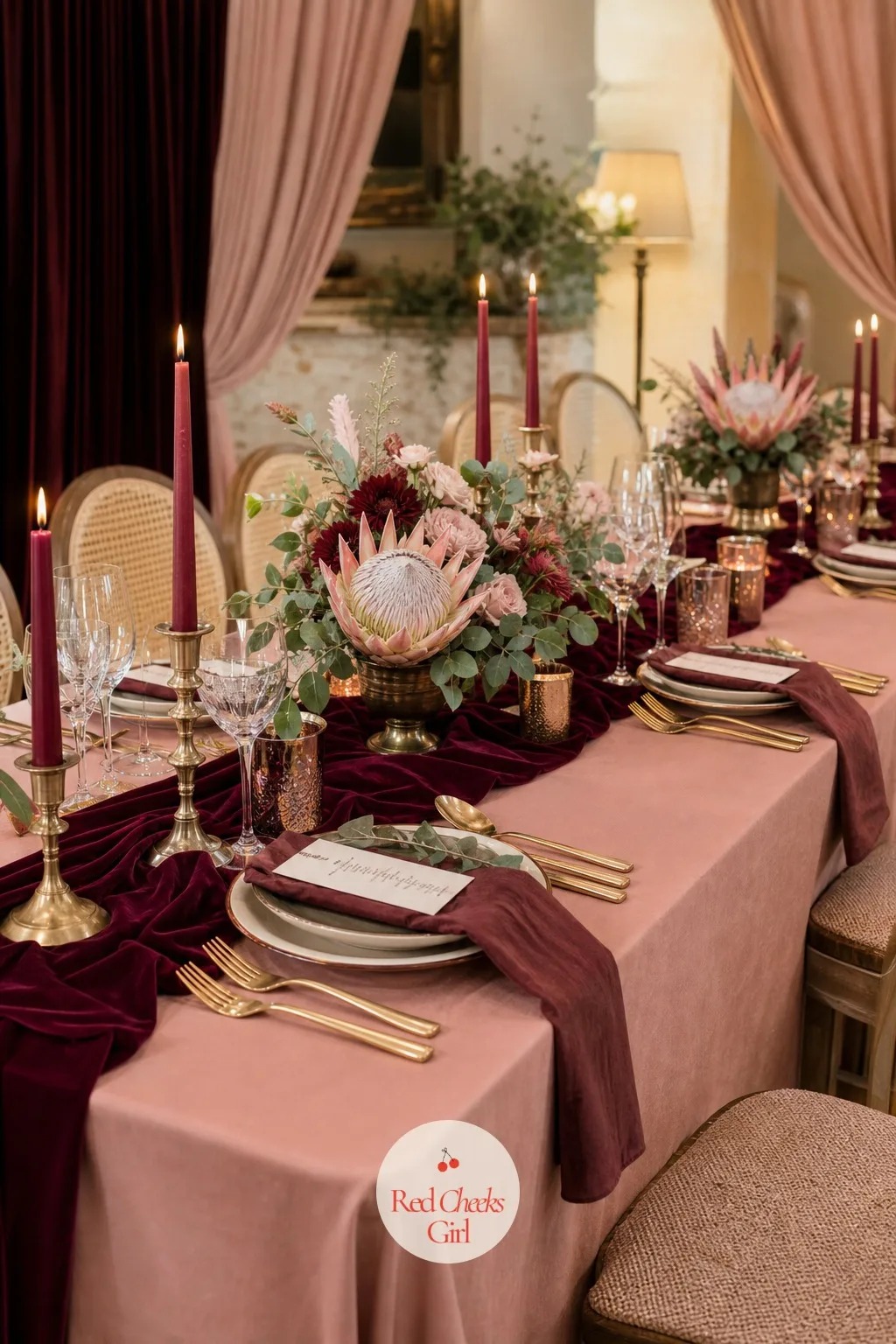 The Blush And Burgundy Tablescape — At the reception tables, the palette tightens into linen: a pressed blush cloth, a burgundy velvet runner down the centre