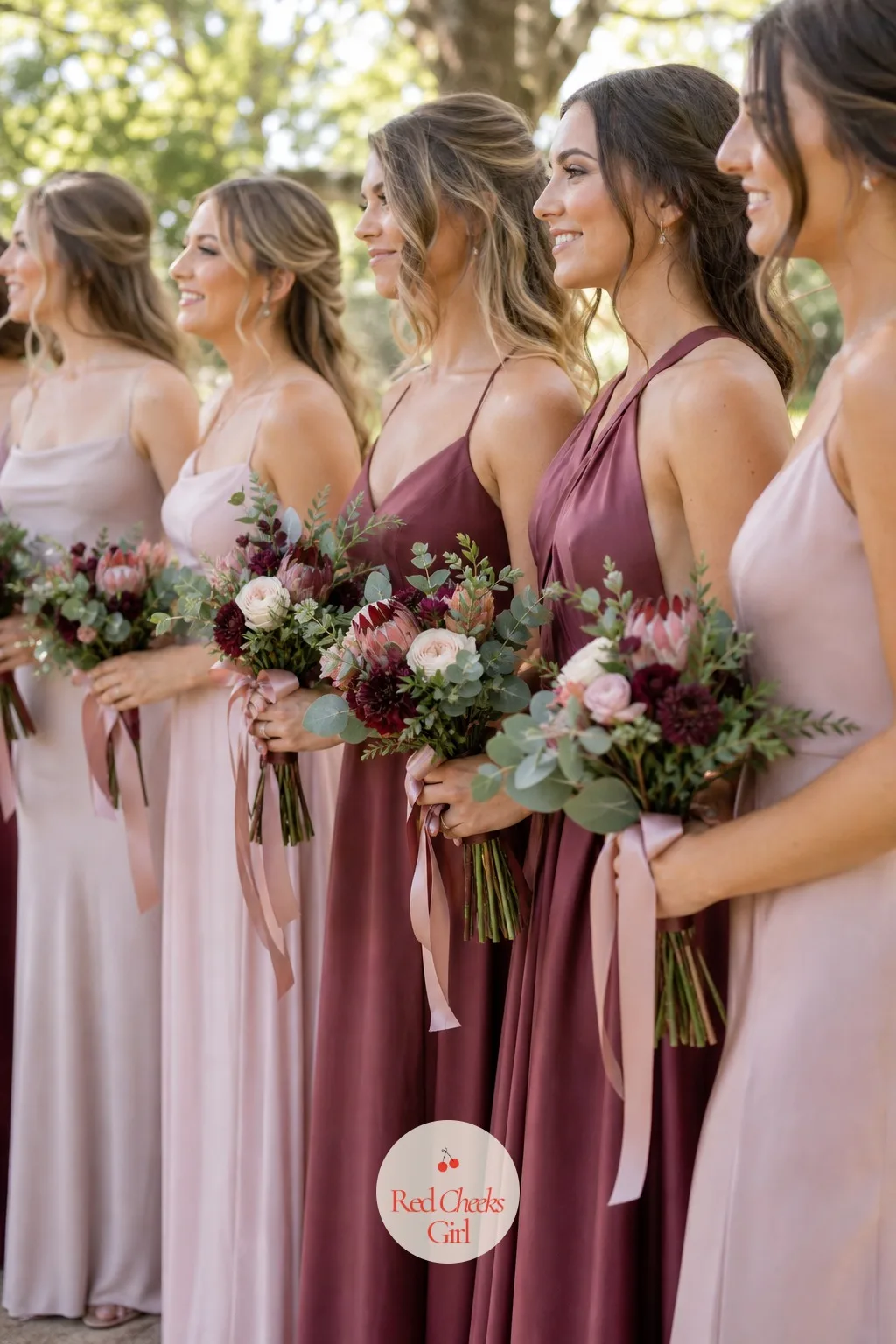 Bridesmaid Bouquets In Blush, Burgundy And Soft Green — Behind the bride, the bridesmaids carry a smaller echo of the same bloom: mini protea mixed with