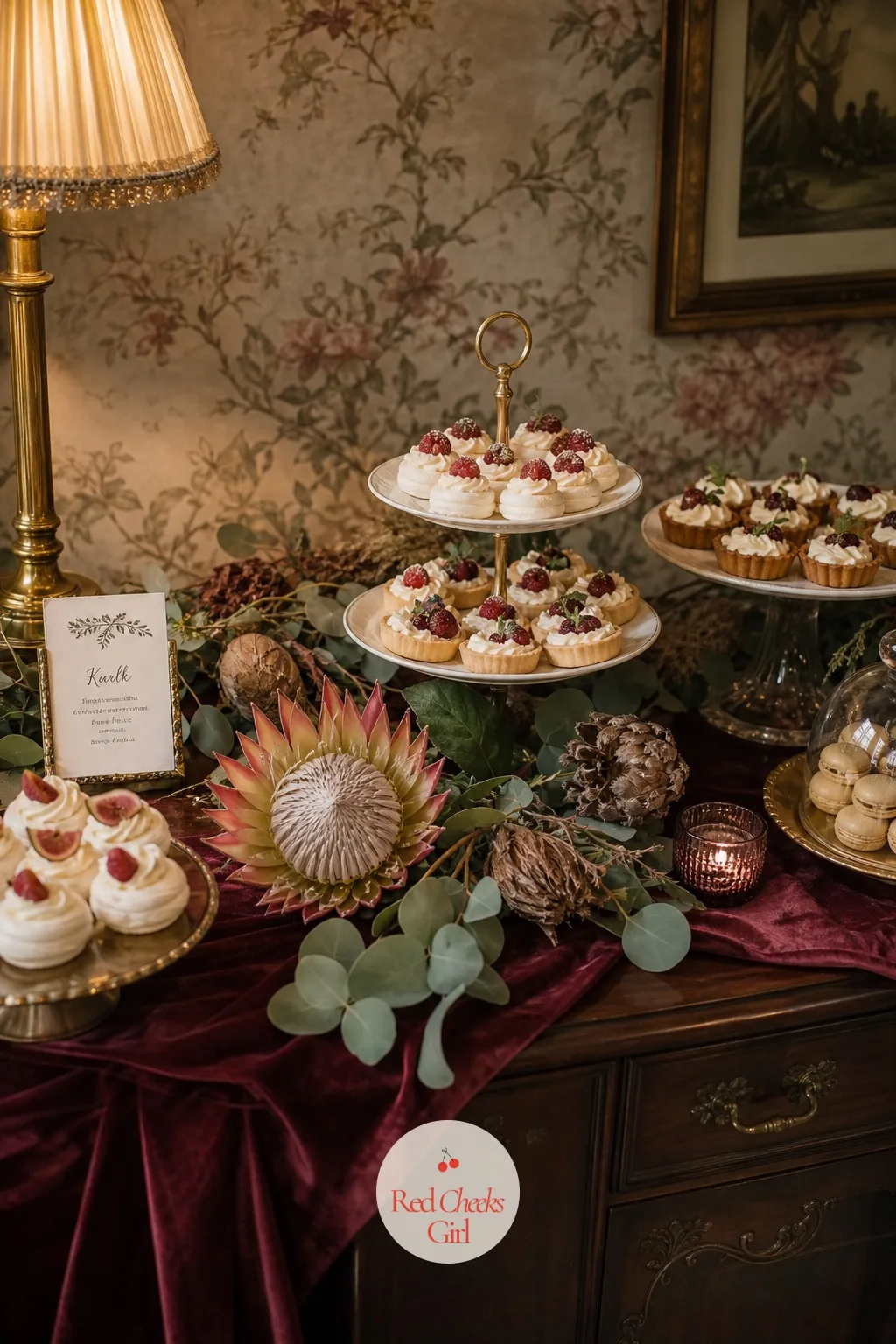 An Earthy Dessert Table — Spread across a dark wood table, individual desserts sit at different heights, with dried protea and eucalyptus tucked into the gaps