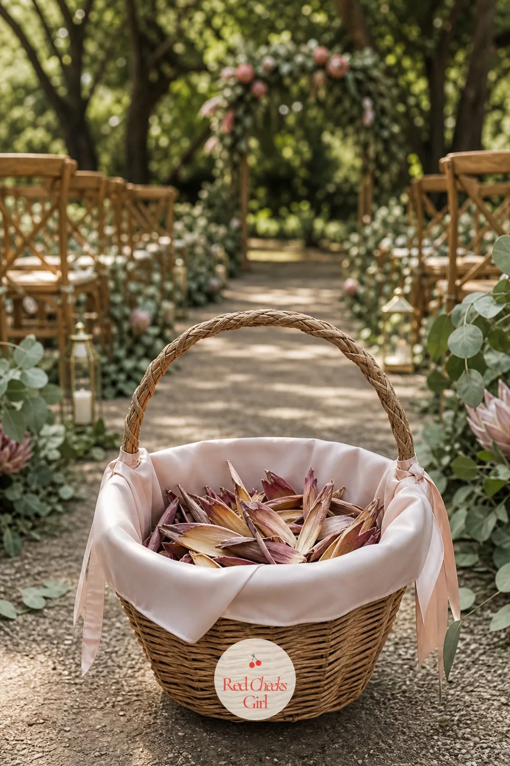 A Flower Girl Basket Of Dried Protea Petals — Just ahead of the bride, a flower girl scatters dried protea petals rather than rose petals, which hold their