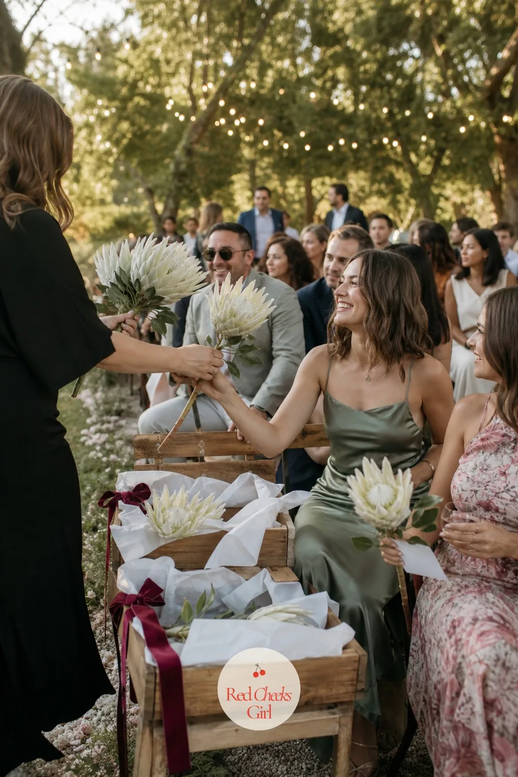 Giant White Proteas Tossed To Guests At The Start — Before a single chair fills, someone presses a single giant white protea into each guest's hand as they