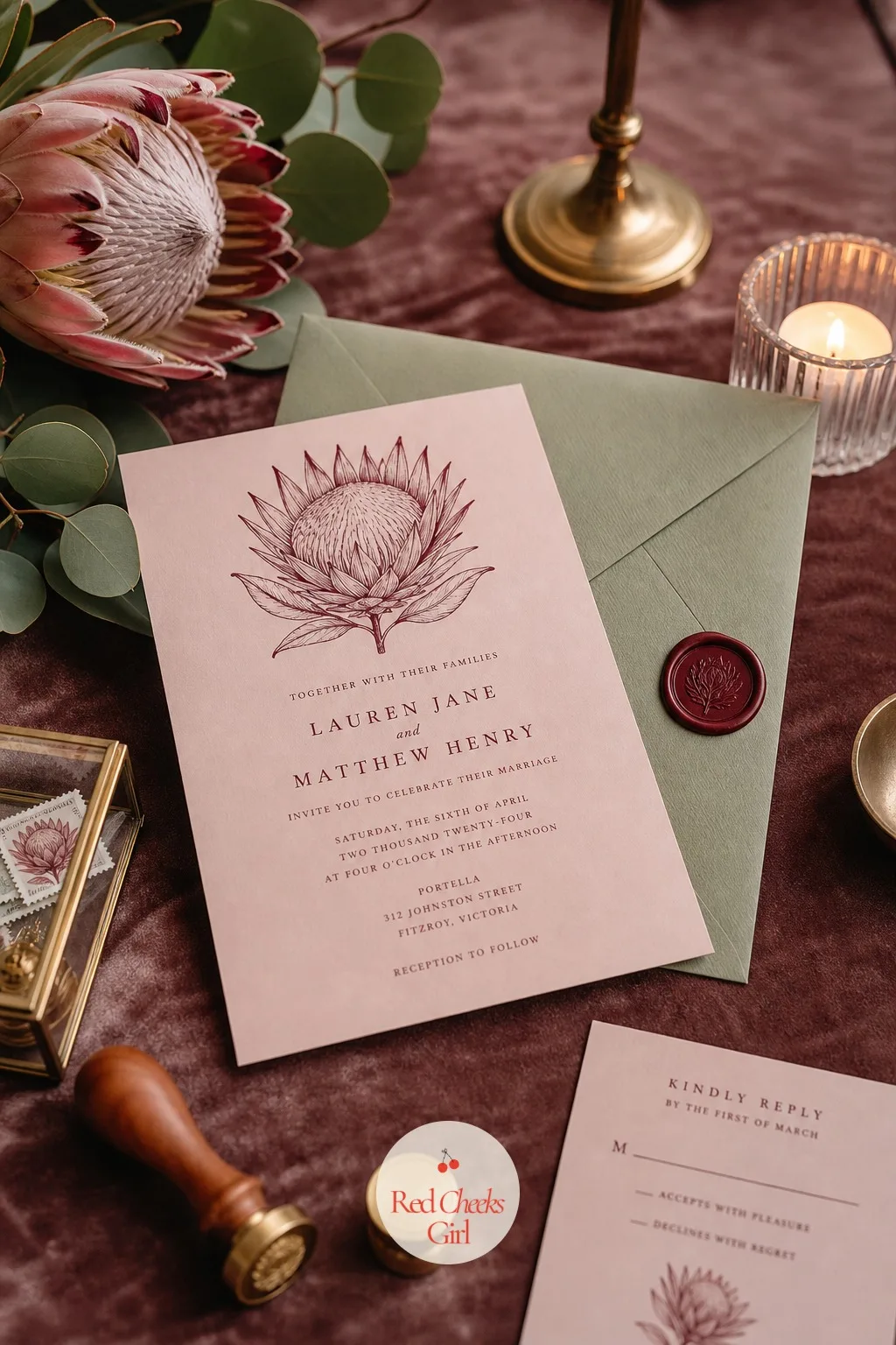 The Invitation Suite In Blush, Burgundy And Soft Green — Before any of this exists in person, it exists on paper: the invitation is where the palette gets