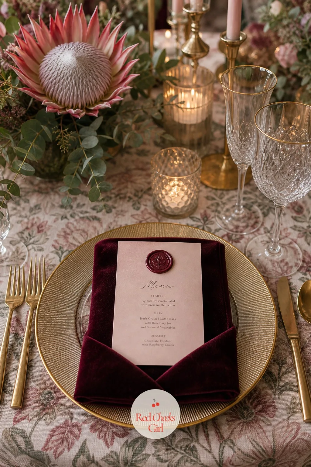 Place Settings Finished With A Protea Wax Seal — At each setting, a menu or place card closes with a small wax seal stamped in a protea shape, tucked into the