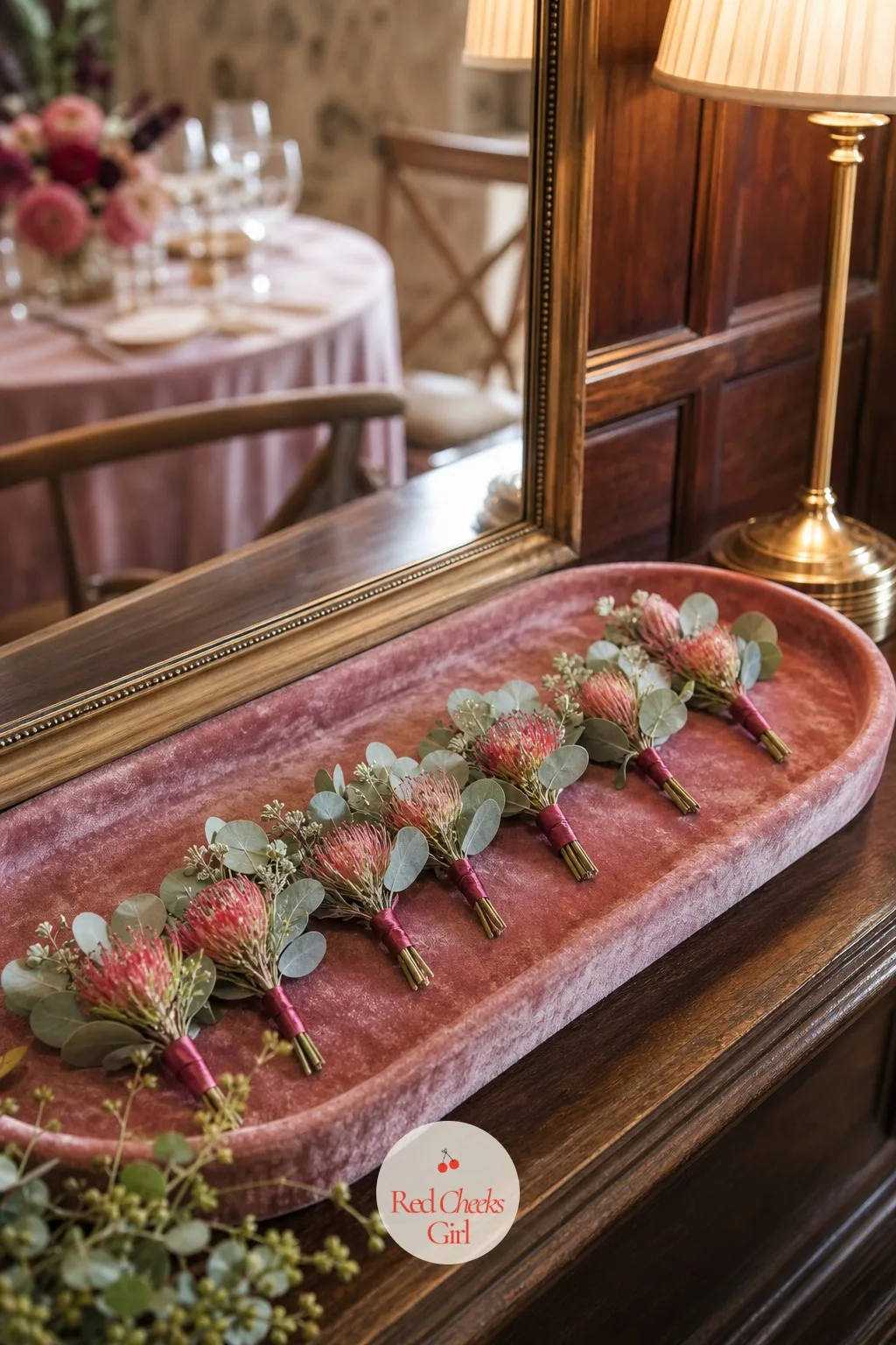 Protea Boutonnieres — On the groom and groomsmen, the bloom shrinks right down to a single pincushion protea bud with a sprig of eucalyptus, pinned where it
