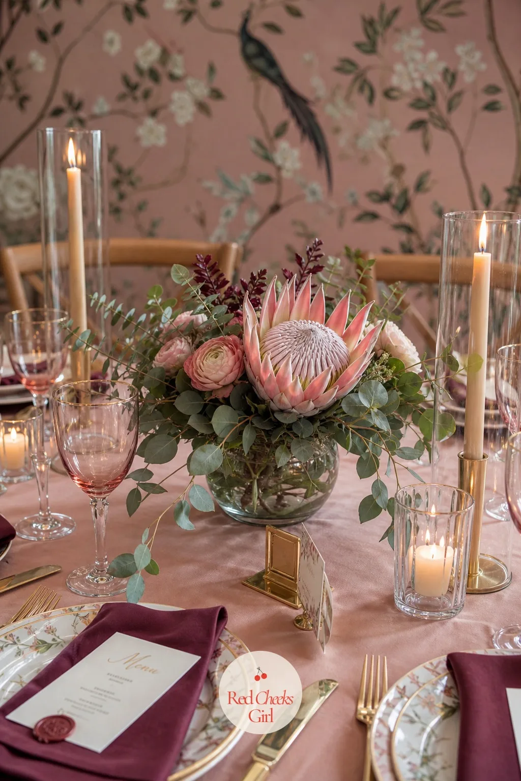 Protea Centerpieces In Low Bowls — Sitting among the place settings, the centerpieces stay deliberately low, so guests can see and talk across the table rather