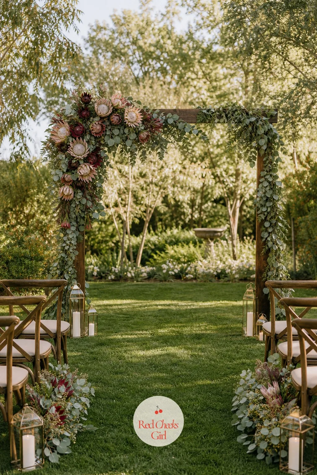 The Protea And Eucalyptus Arch — Behind the vows stands the one piece everyone photographs: an arch dressed in eucalyptus with king protea gathered on one