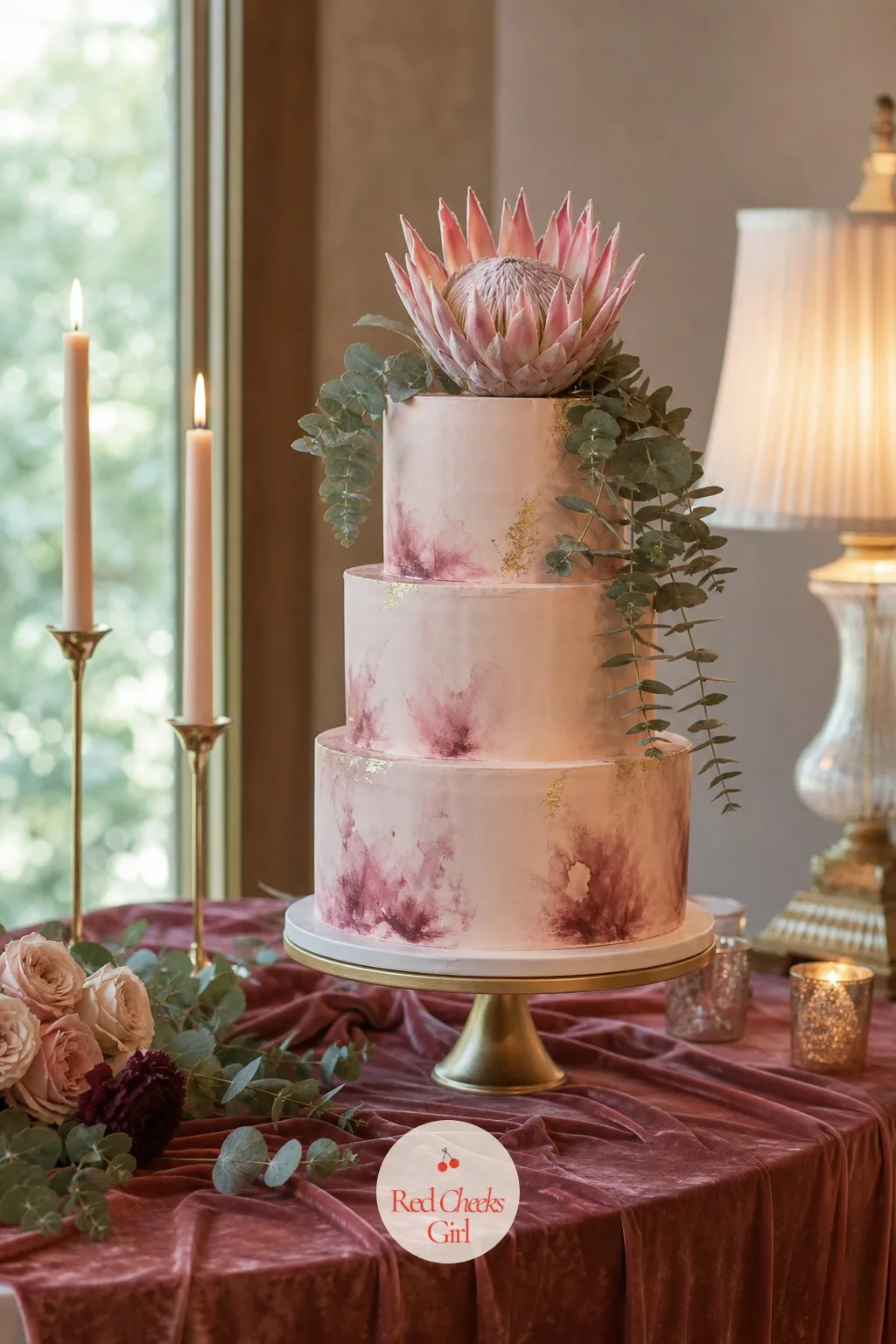The Protea Topped Cake — On its own table, the cake carries the softest version of the palette: blush buttercream with a watercolor wash of burgundy, topped