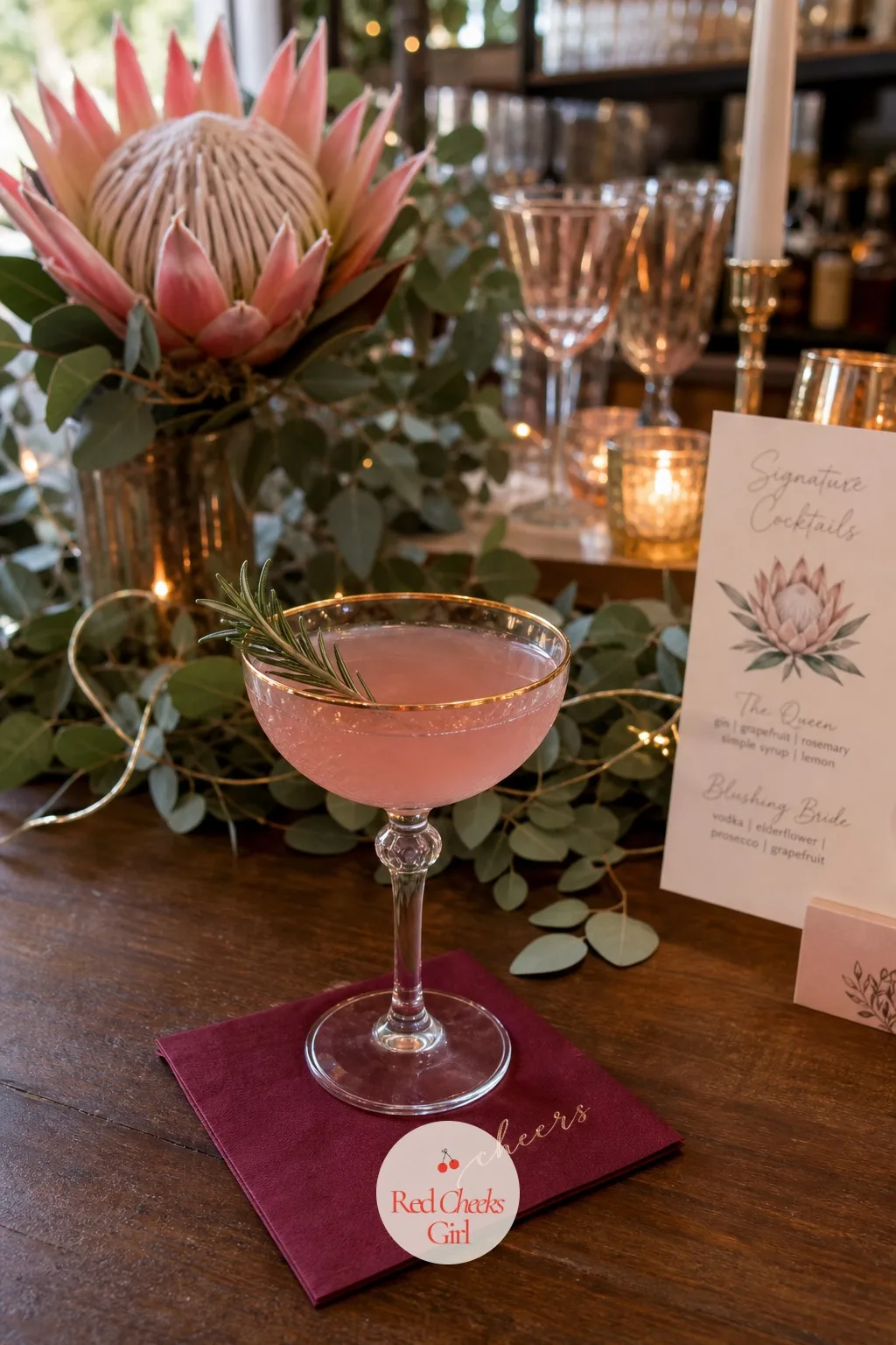 A Signature Cocktail Garnished With Protea — At the bar, one named drink carries the color story in a glass: gin, a splash of blush liqueur and something