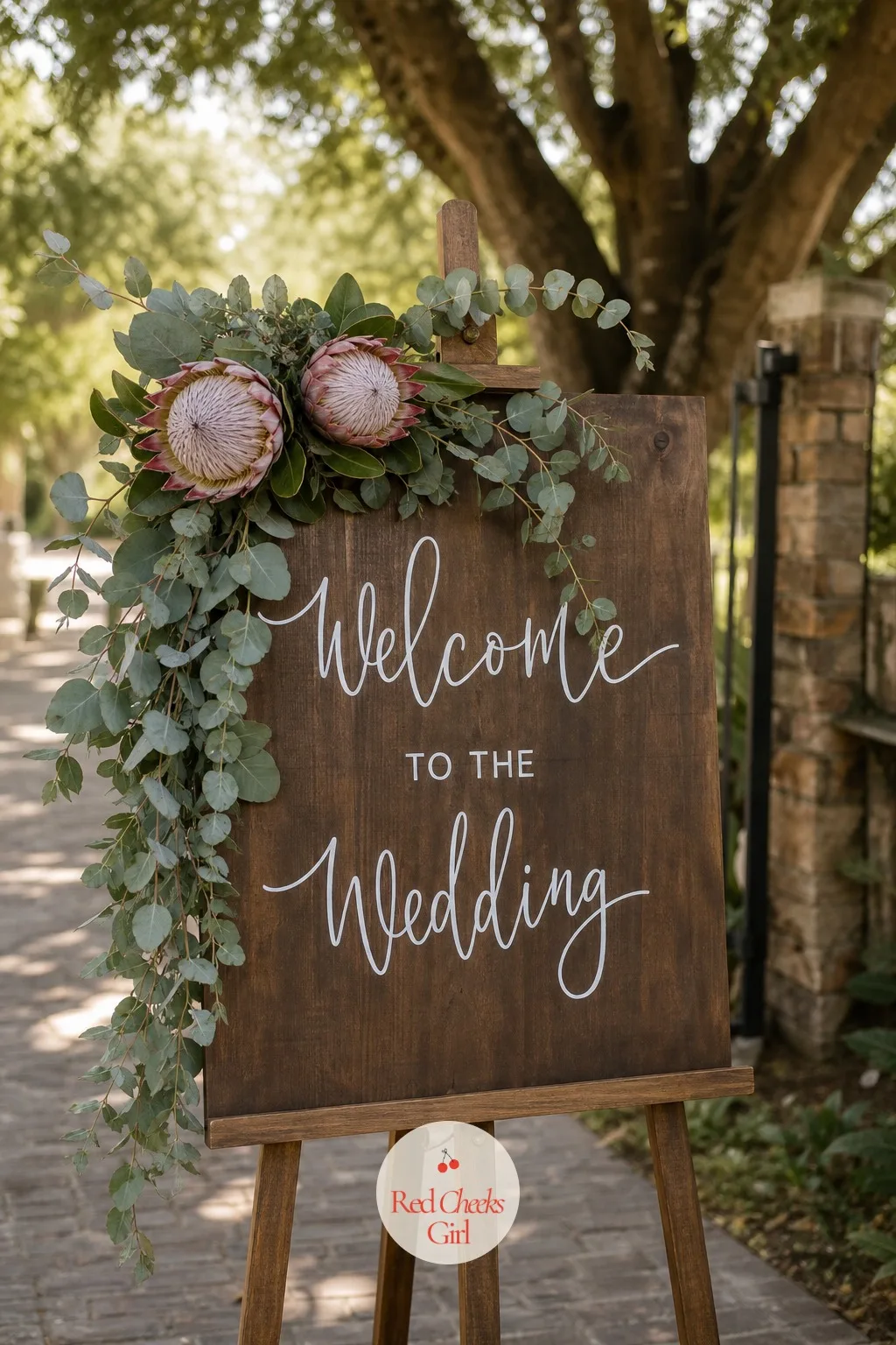 A Welcome Sign Dressed In Protea And Eucalyptus — At the door or the garden gate, a sign greets guests before they find their seats, propped on an easel with a