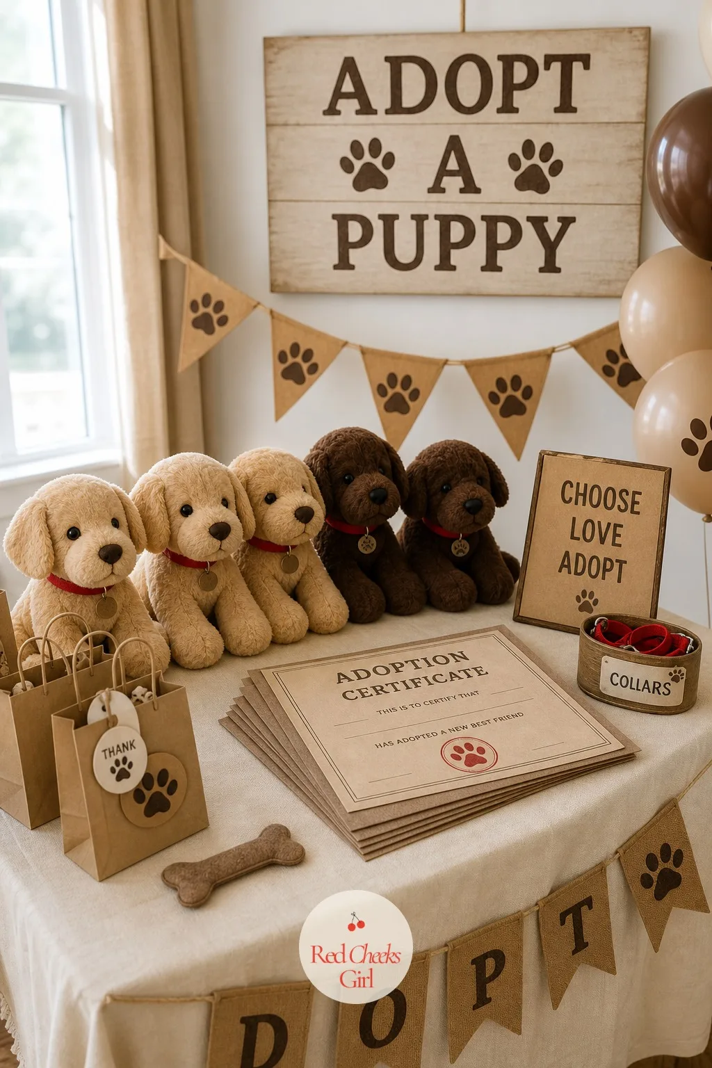 Adopt a Puppy Corner With Plush Puppies and Adoption Certificates — A small table dressed in cream cloth holds a row of soft plush puppies in tan and chocolate
