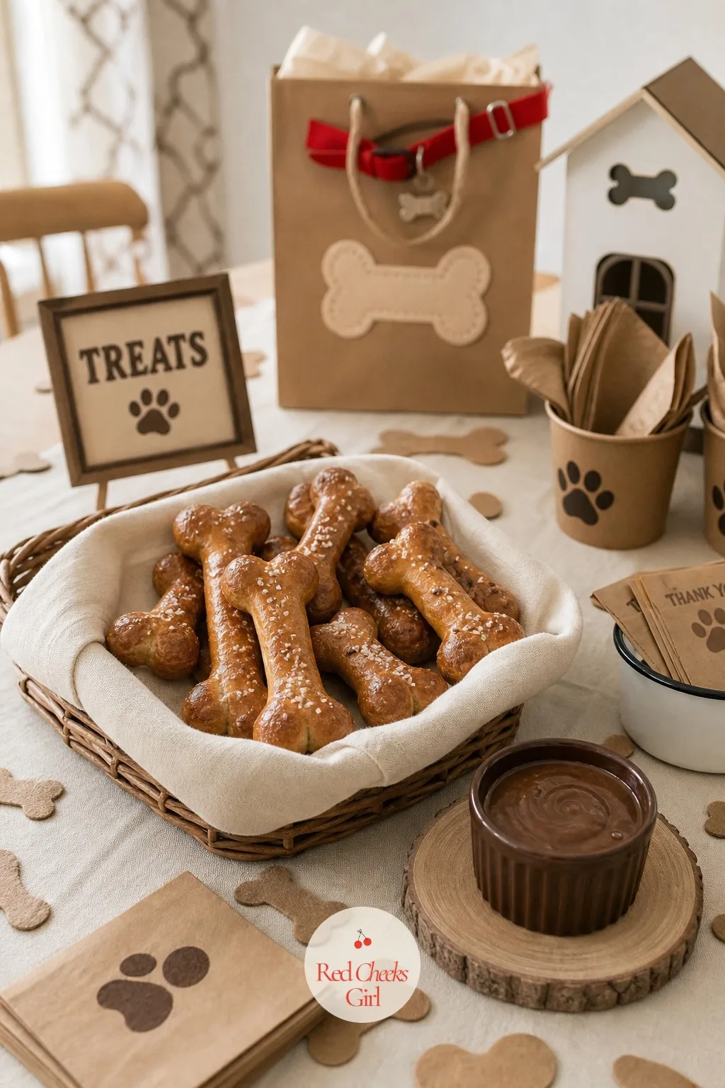 A Basket of Soft Pretzel Bones With Chocolate Dipping Sauce — Warm and salty does a lot of work next to a table full of sugar. Puppy themed birthday party