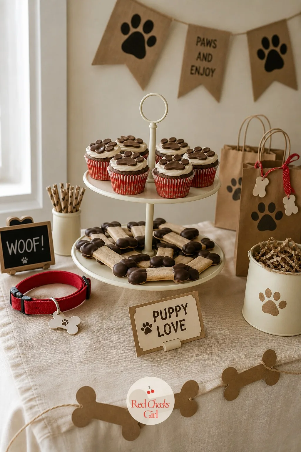 Bone Shaped Sugar Cookies and Paw Print Cupcakes on a Tiered Stand — One tiered stand does more work than six separate plates ever could. Puppy themed birthday