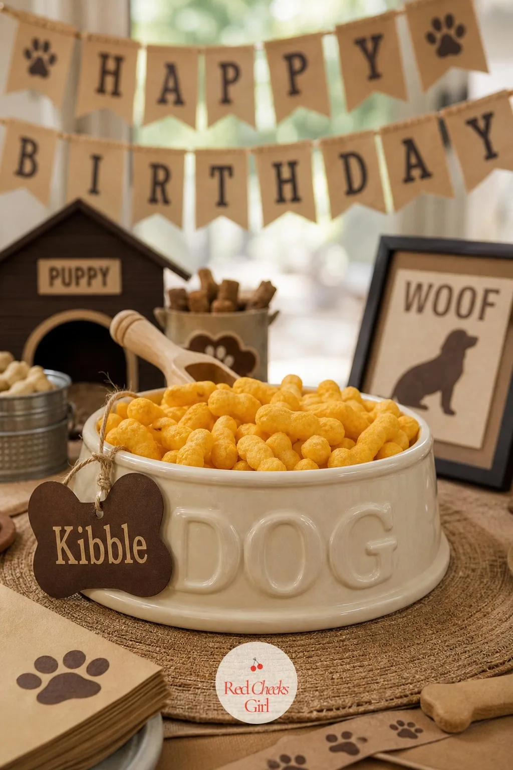A Dog Bowl Filled With Cheese Puffs Labeled Kibble — Not every snack needs a tray of its own, and this one leans into that. Puppy themed birthday party