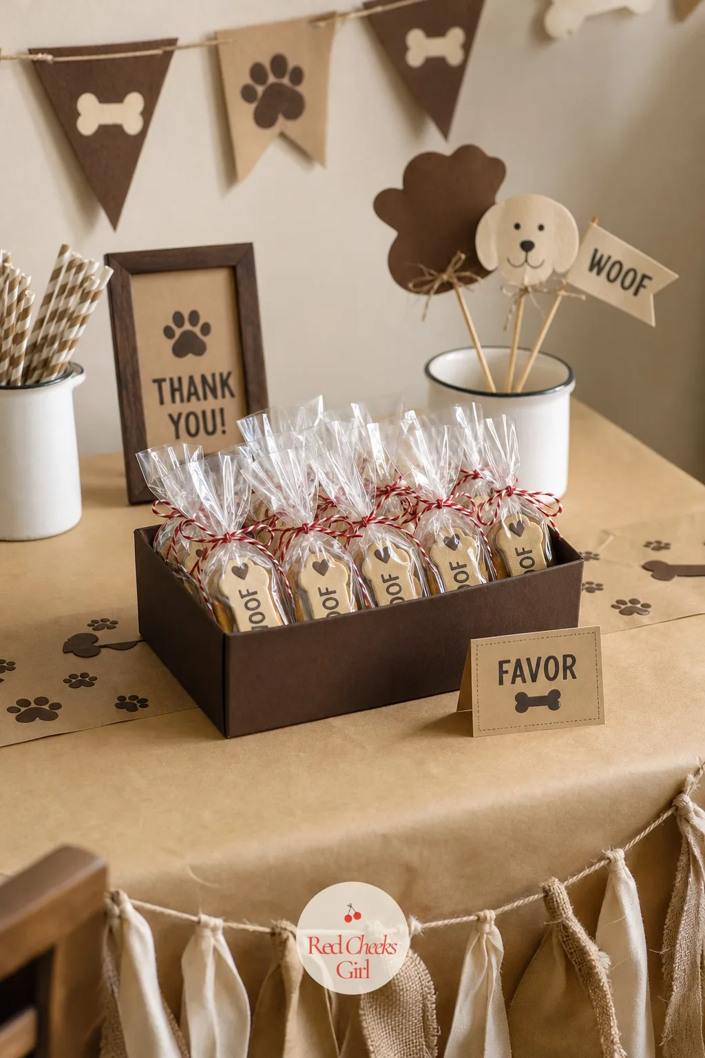 A Favor Table of Mini Dog Tag Cookies Wrapped in Cellophane — A simple favor table works harder than it looks like it should, especially set beside the