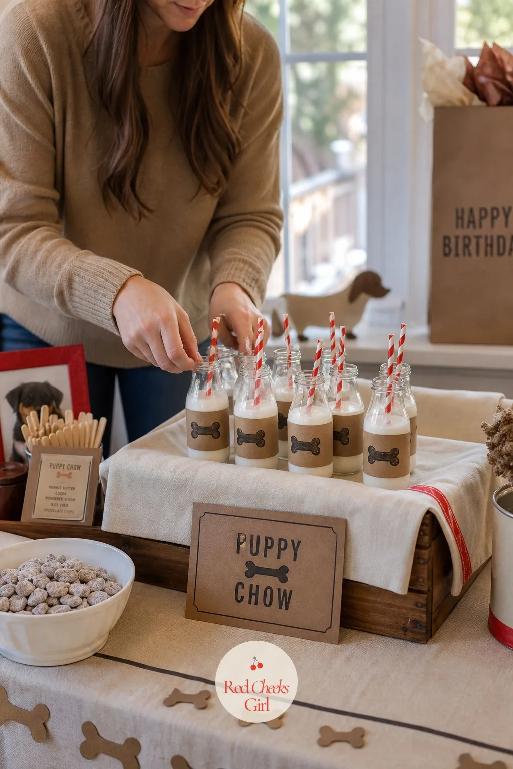 A Milk Bottle Drink Station Labeled Puppy Chow — A drink table disappears into the background unless something on it has a bit of personality. Puppy themed