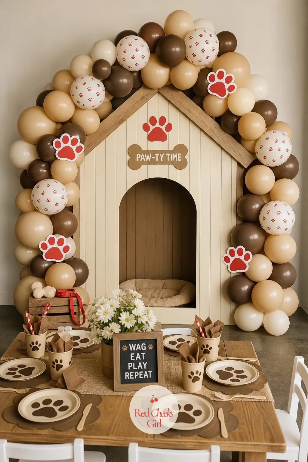 Paw Print Balloon Arch Around a Doghouse Photo Backdrop — This is the wall every phone turns to first, so give it a real structure rather than a flat poster.