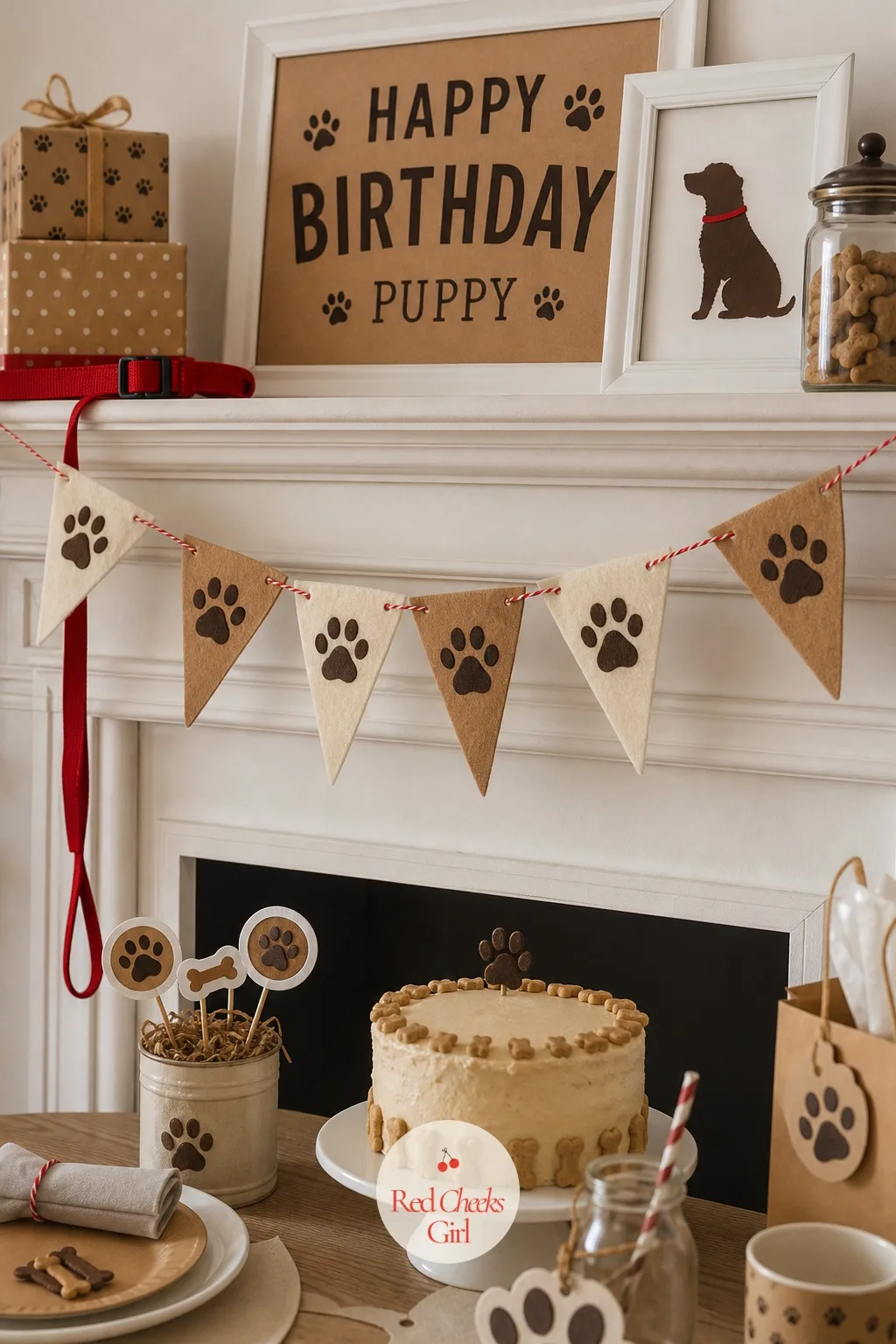A Paw Print Bunting Strung Along the Mantel — A mantel left completely bare looks unfinished in every photo taken from across the room. Puppy themed birthday