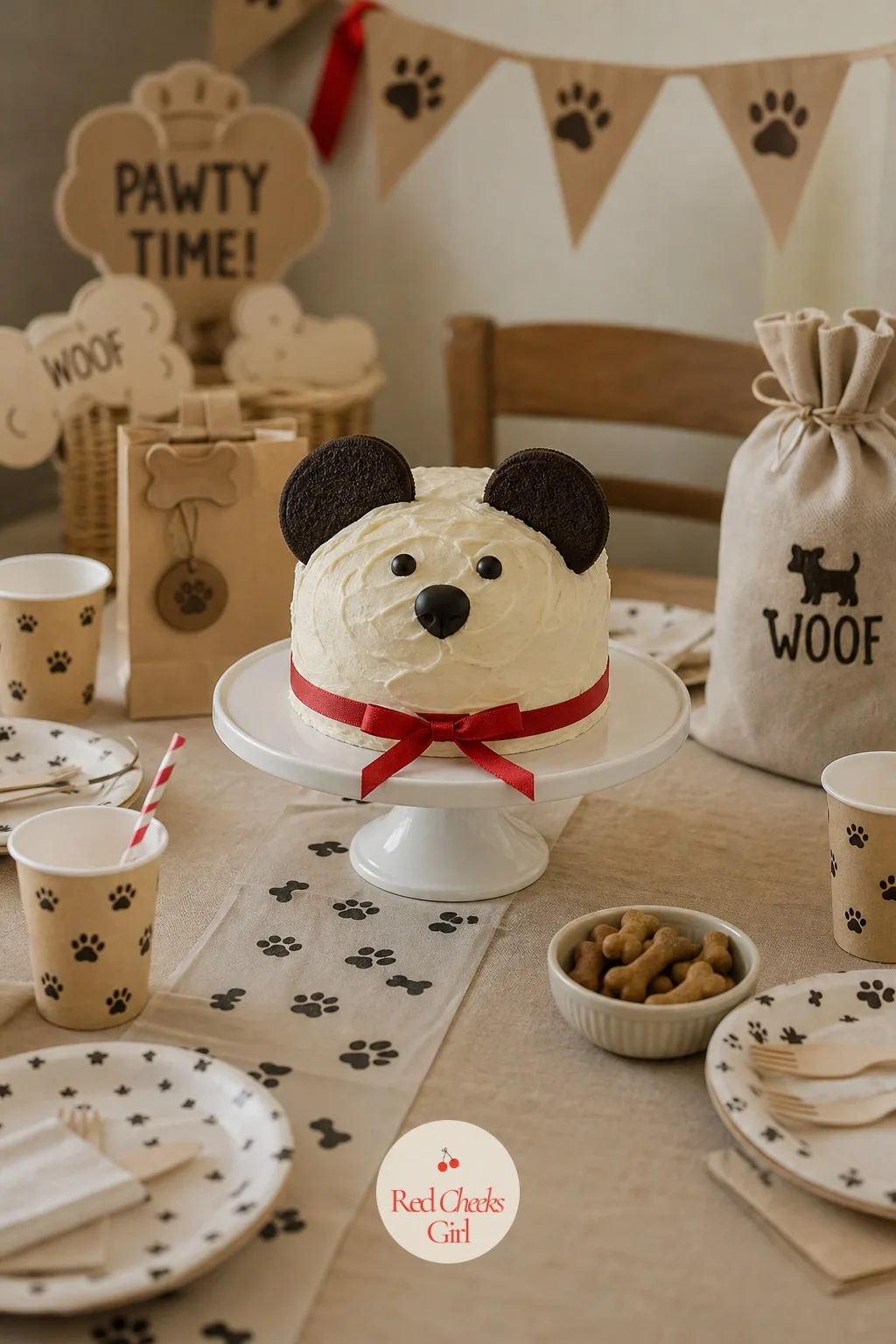 A Round Cake With Cookie Ears and a Chocolate Nose on a Decorated Table — This is the one photo that ends up printed, so build it from the table up. Puppy