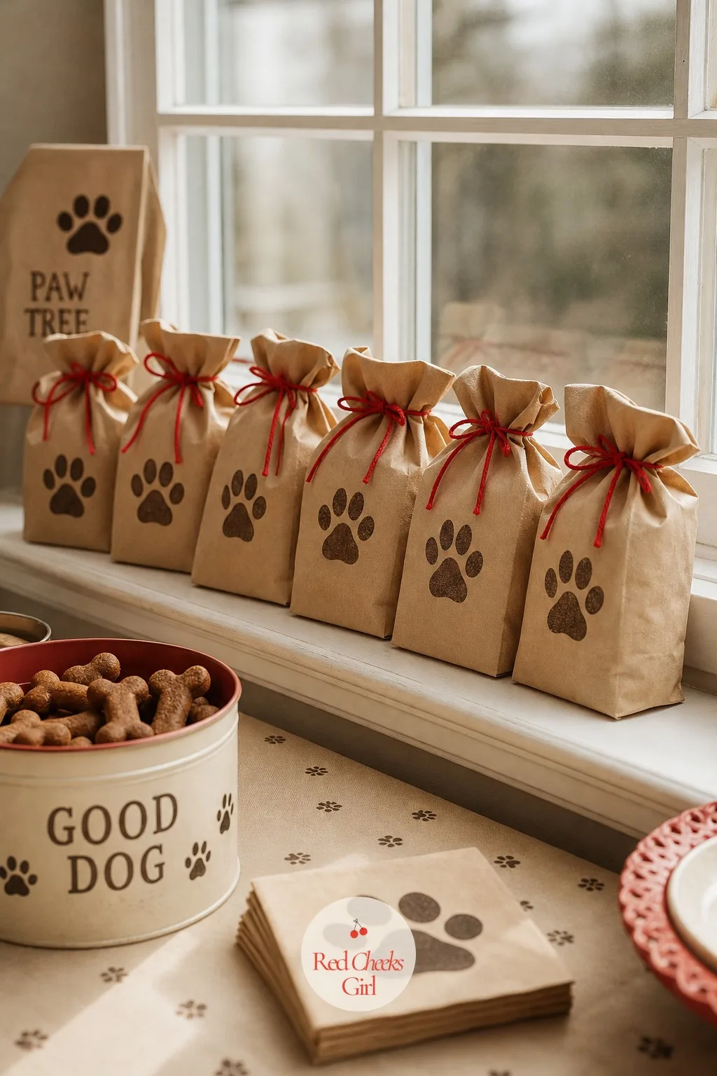 A Row of Paw Stamped Paper Bags Filled With Treats — Not every favor needs a table of its own, and this one sets up in minutes without one. Puppy themed