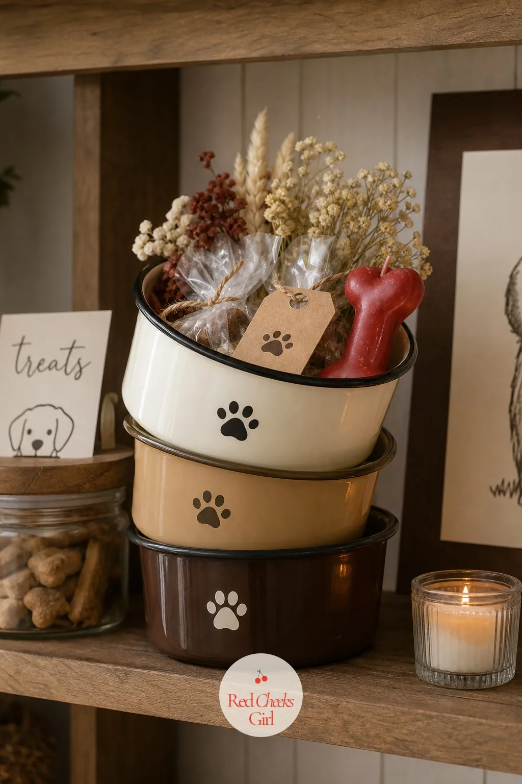 A Shelf of Stacked Enamel Dog Bowls Filled With Treats and Flowers — Every party needs one quiet corner that is not trying quite so hard, and a shelf does that