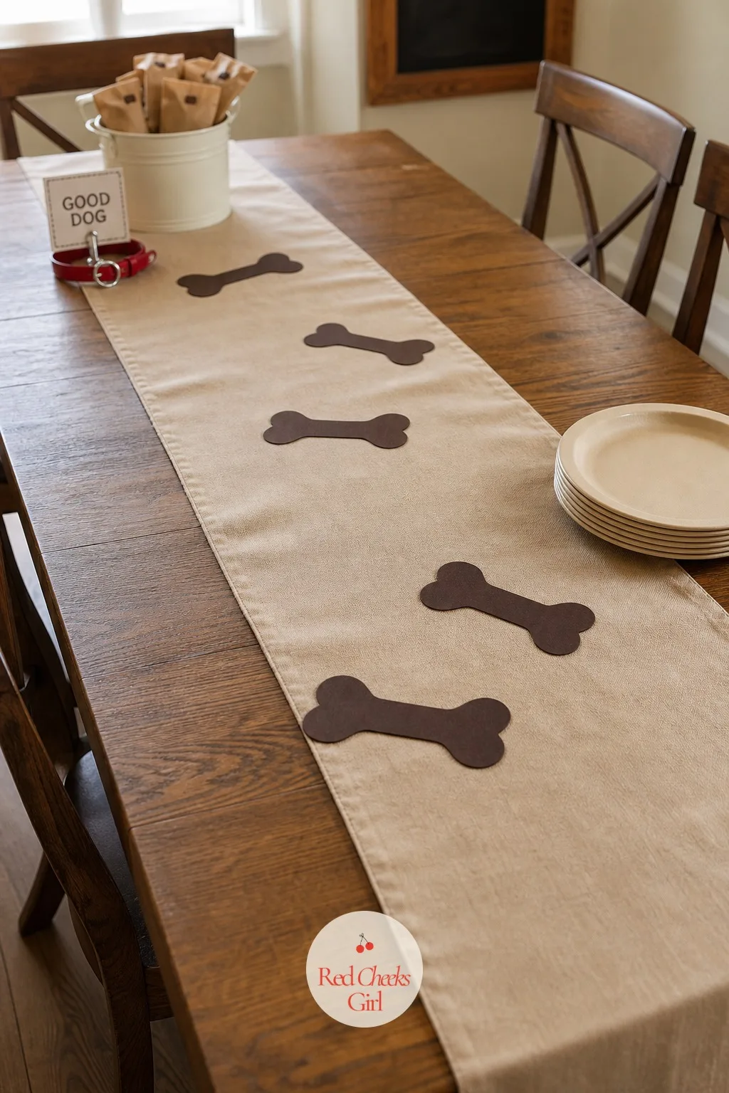 A Tan and Cream Table Runner Scattered With Chocolate Paper Bones — A bare table photographs cold no matter how good the food on it looks. Puppy themed