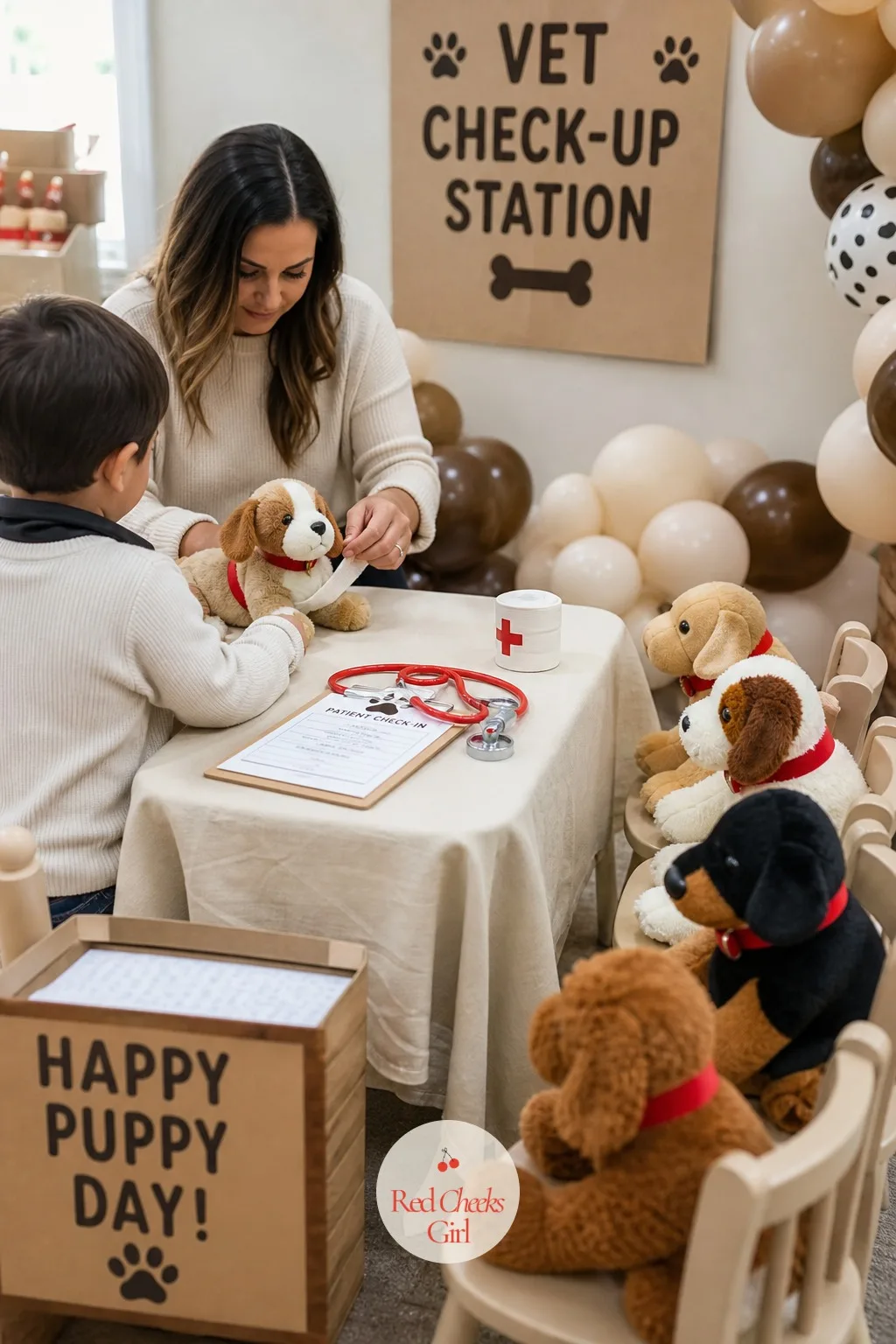 A Vet Check-Up Play Station With a Toy Stethoscope — Some toddlers need a quieter corner to retreat to once the running games get loud, and this is it. Puppy
