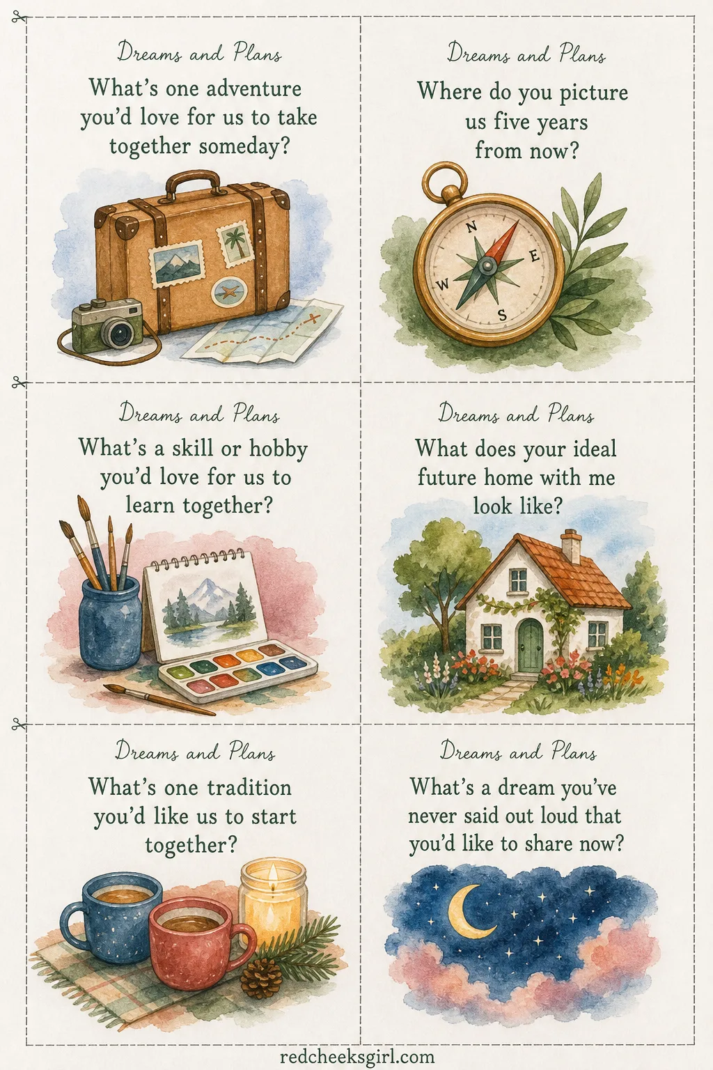 Dreams and Plans Cards (Sheet 1) printable sheet. Questions for couples