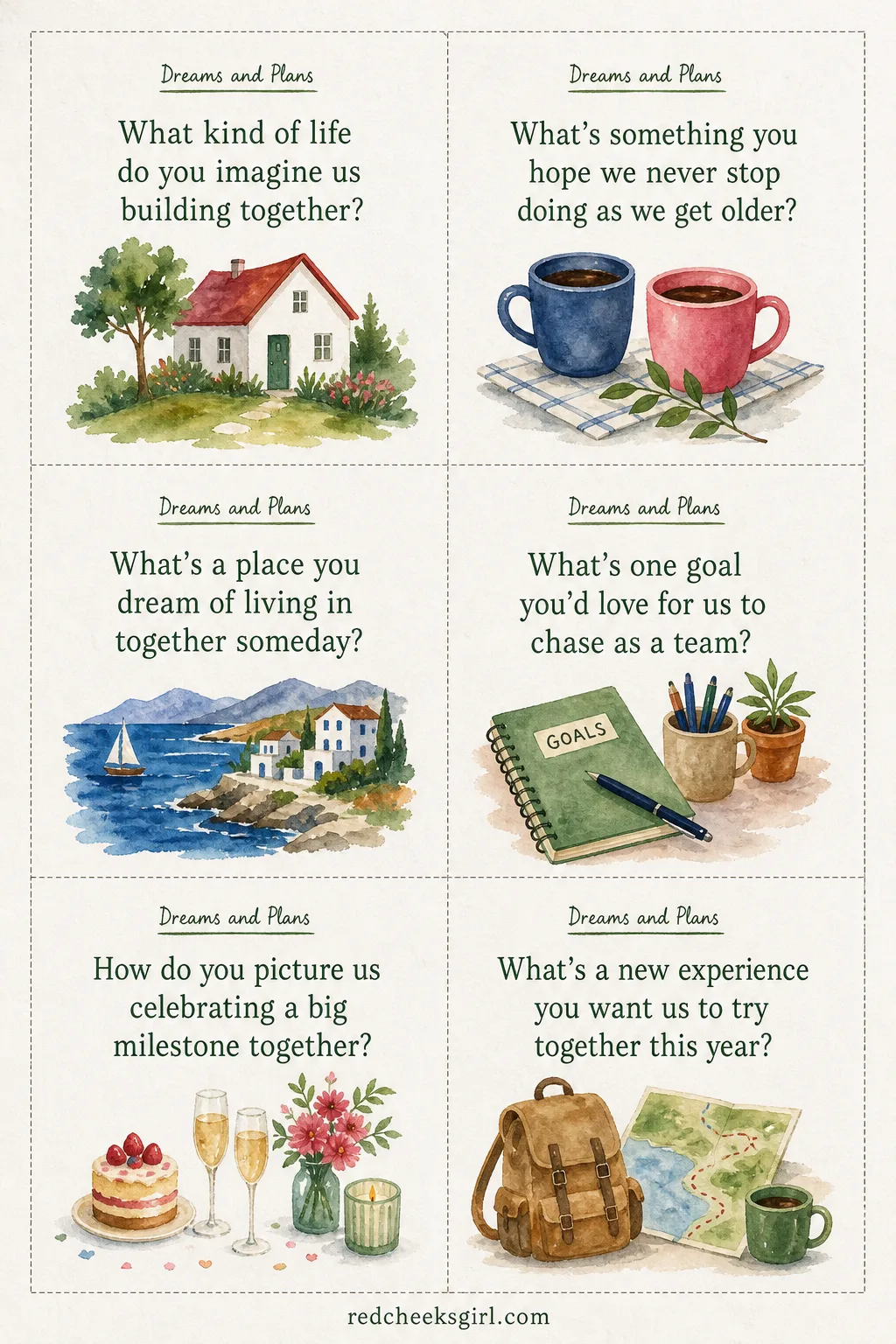 Dreams and Plans Cards (Sheet 2) printable sheet. Questions for couples