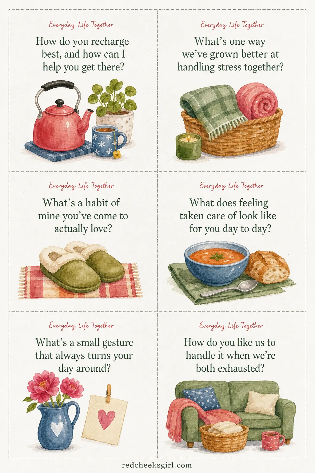 Everyday Life Together Cards (Sheet 2) printable sheet. Questions for couples