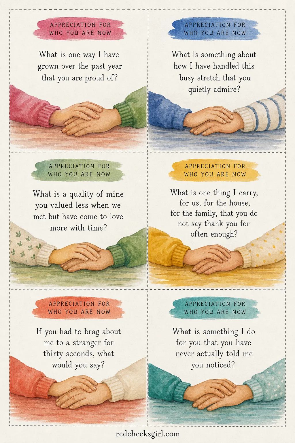 Appreciation for Who You Are Now Cards printable sheet. Questions for couples to reconnect