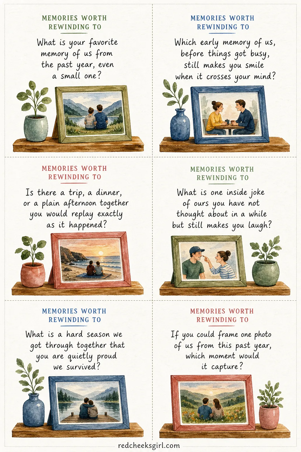 Memories Worth Rewinding To Cards printable sheet. Questions for couples to reconnect