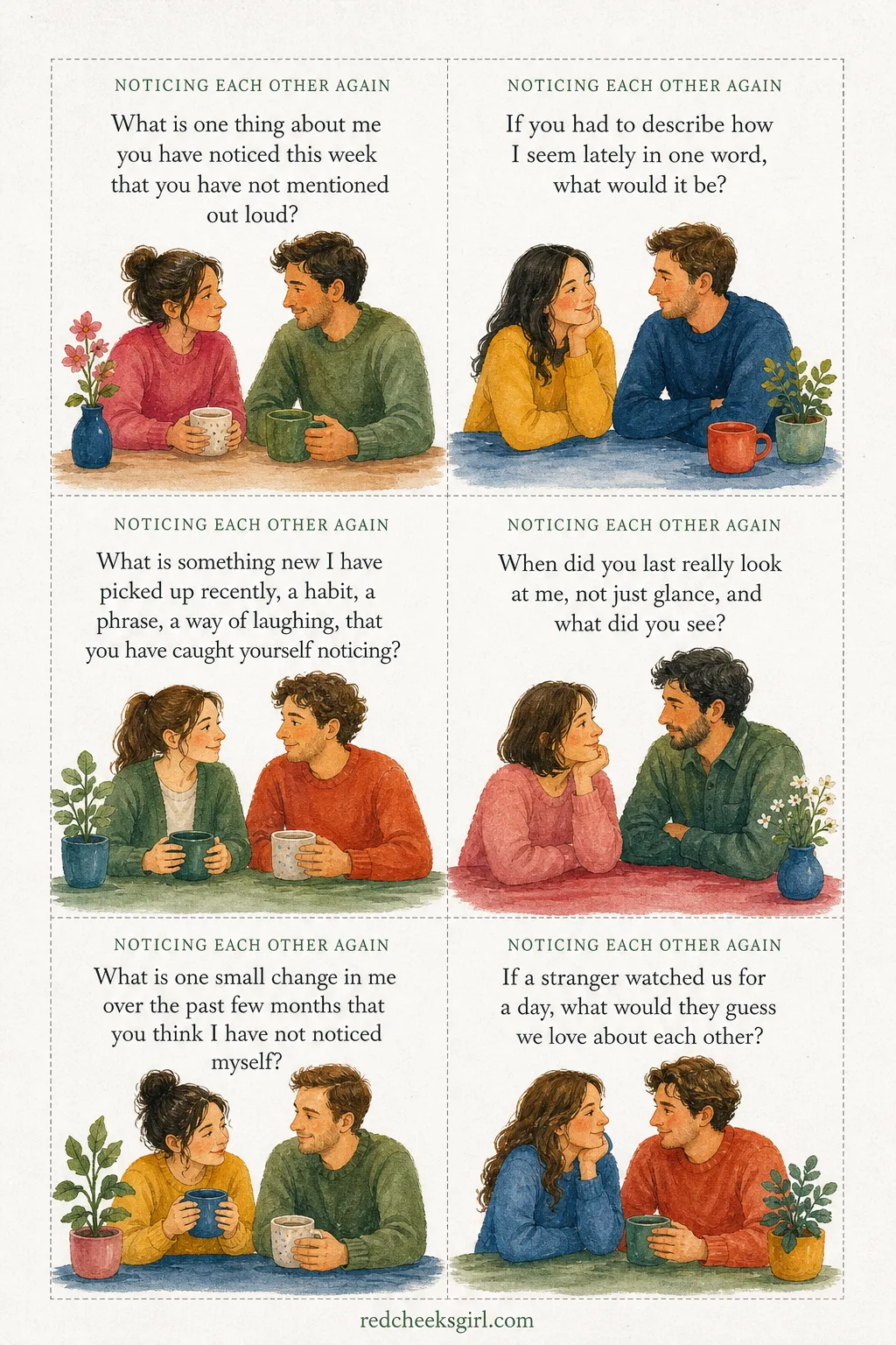 Noticing Each Other Again Cards printable sheet. Questions for couples to reconnect