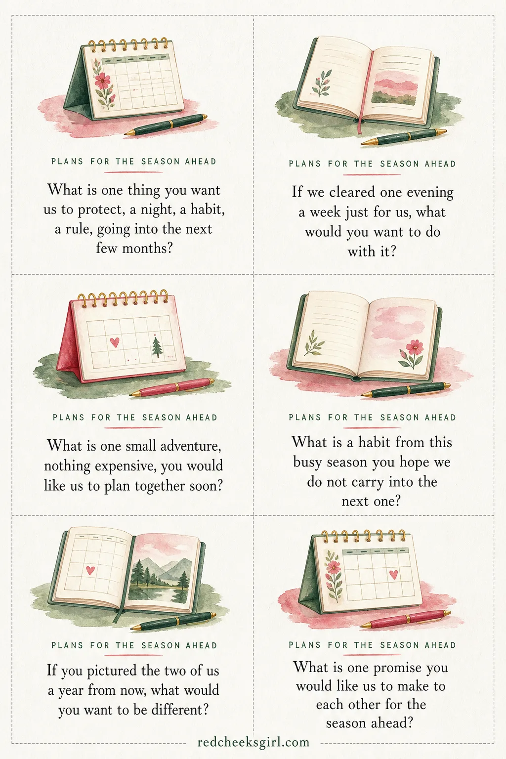 Plans for the Season Ahead Cards printable sheet. Questions for couples to reconnect