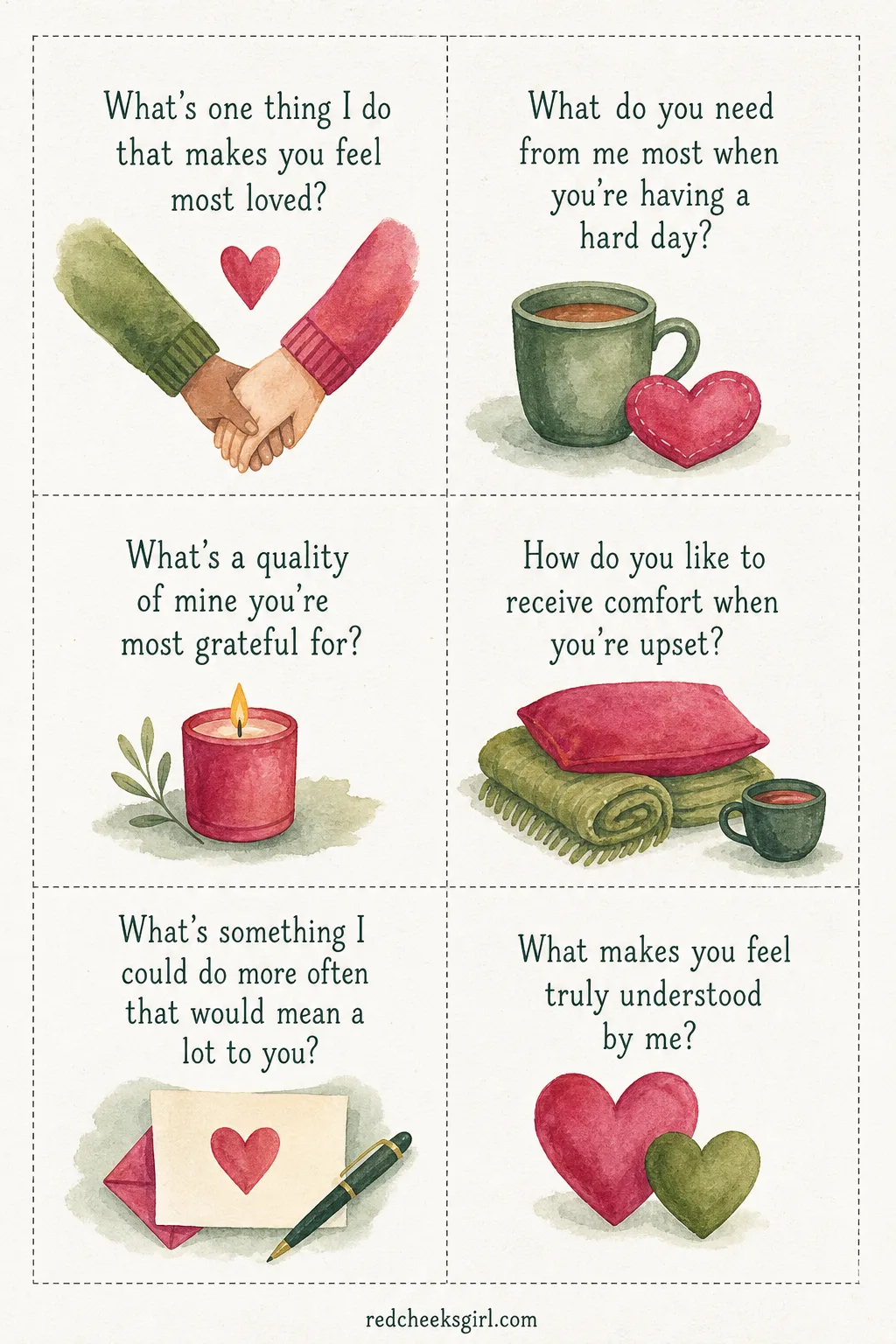 What You Love and Need From Each Other Cards (Sheet 1) printable sheet. Questions for couples