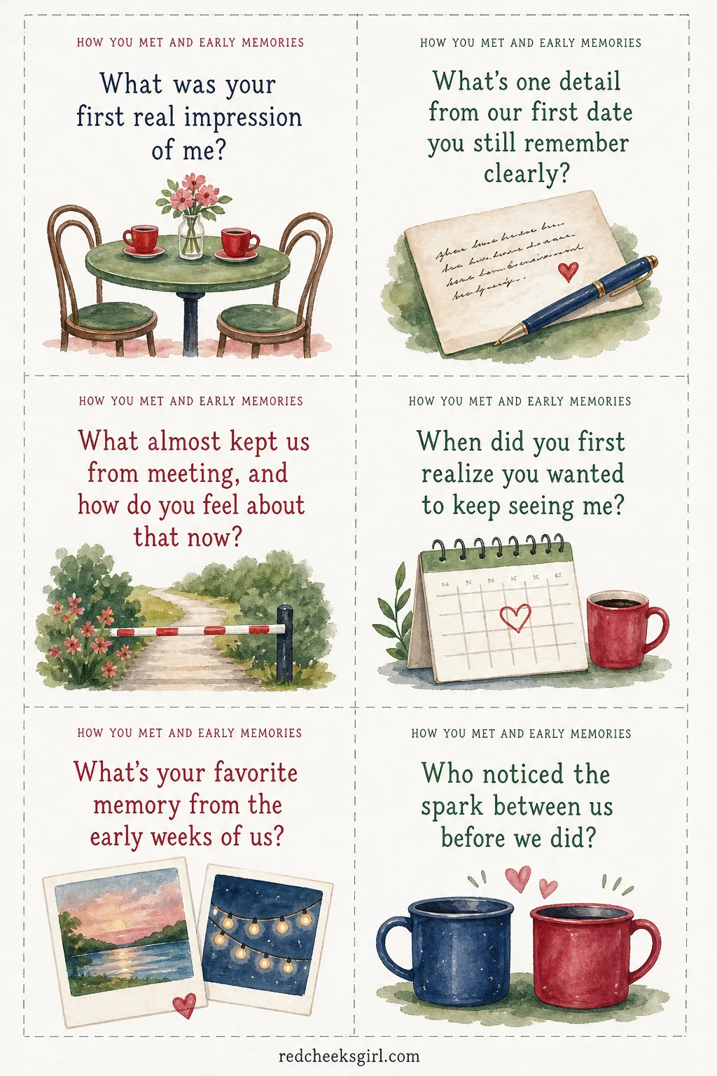 How You Met and Early Memories Cards (Sheet 1) printable sheet. Questions for couples