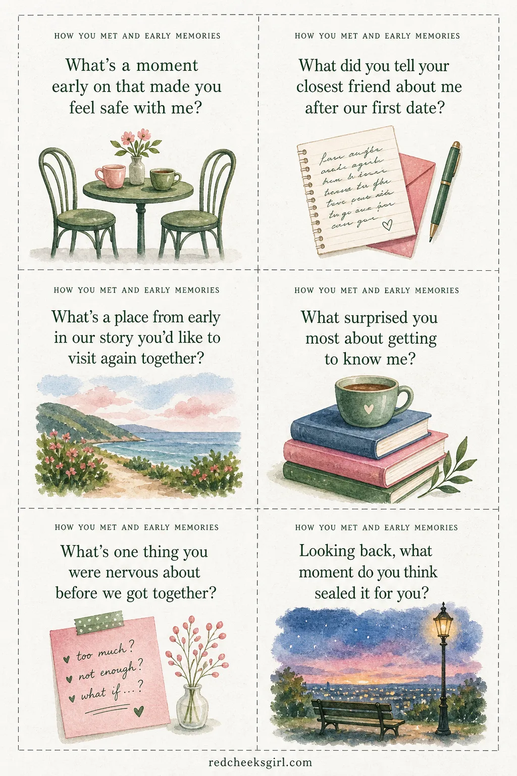 How You Met and Early Memories Cards (Sheet 2) printable sheet. Questions for couples