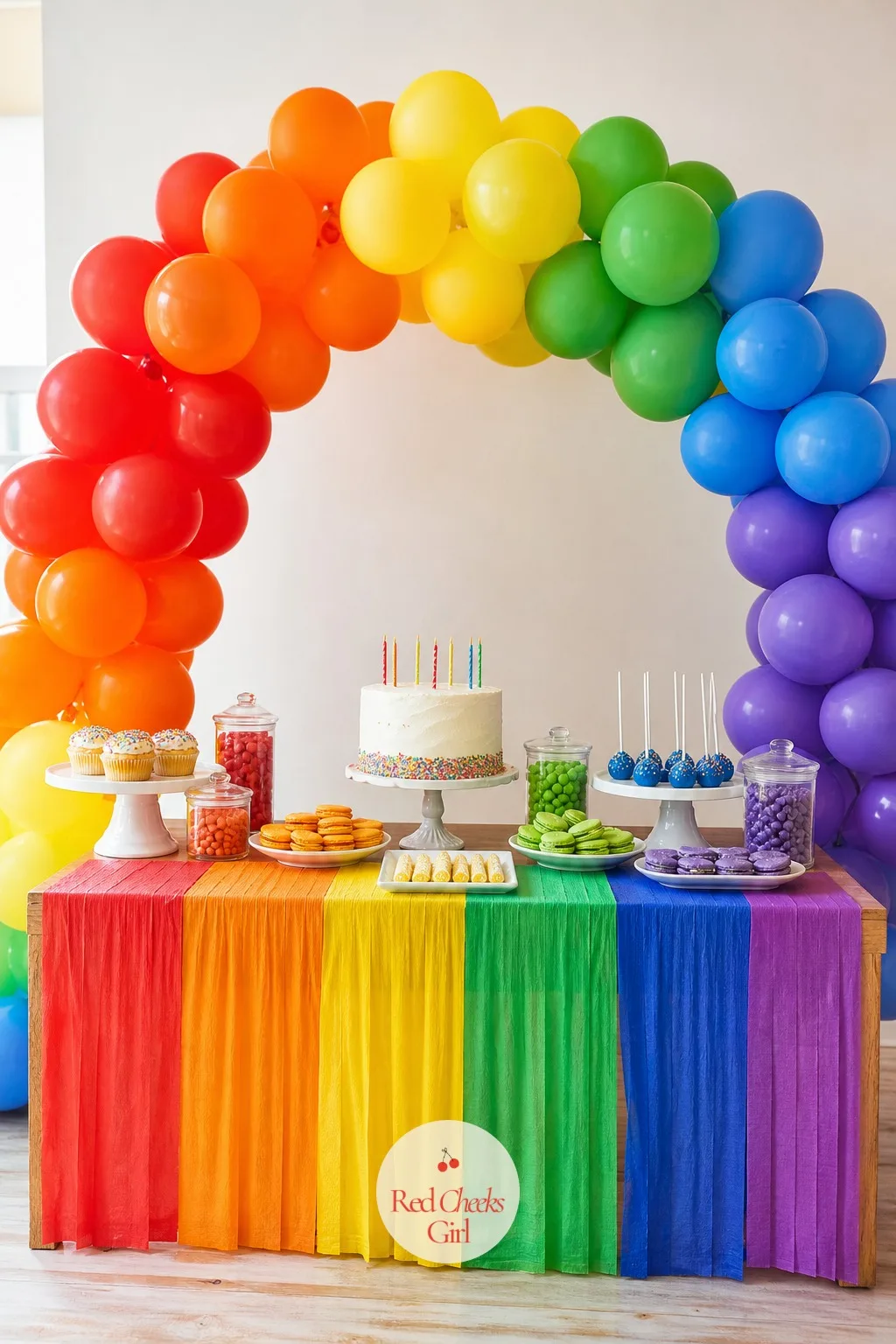 A Balloon Arch In Full Color Order Over The Dessert Table — A plain snack table looks like a plain snack table. Rainbow themed birthday party