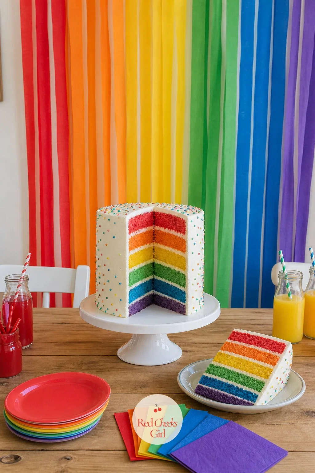 A Cake With Rainbow Layers Sliced Open On A Cake Stand With A Streamer Backdrop — A plain white cake gives nothing away until the first slice comes out, and