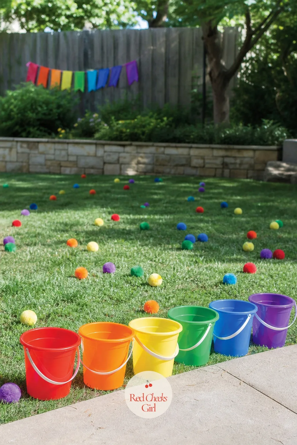 A Color Hunt With A Bucket For Each Color On The Lawn — Scatter colored pom-poms or plastic eggs across the lawn and line up one bucket per color, red through
