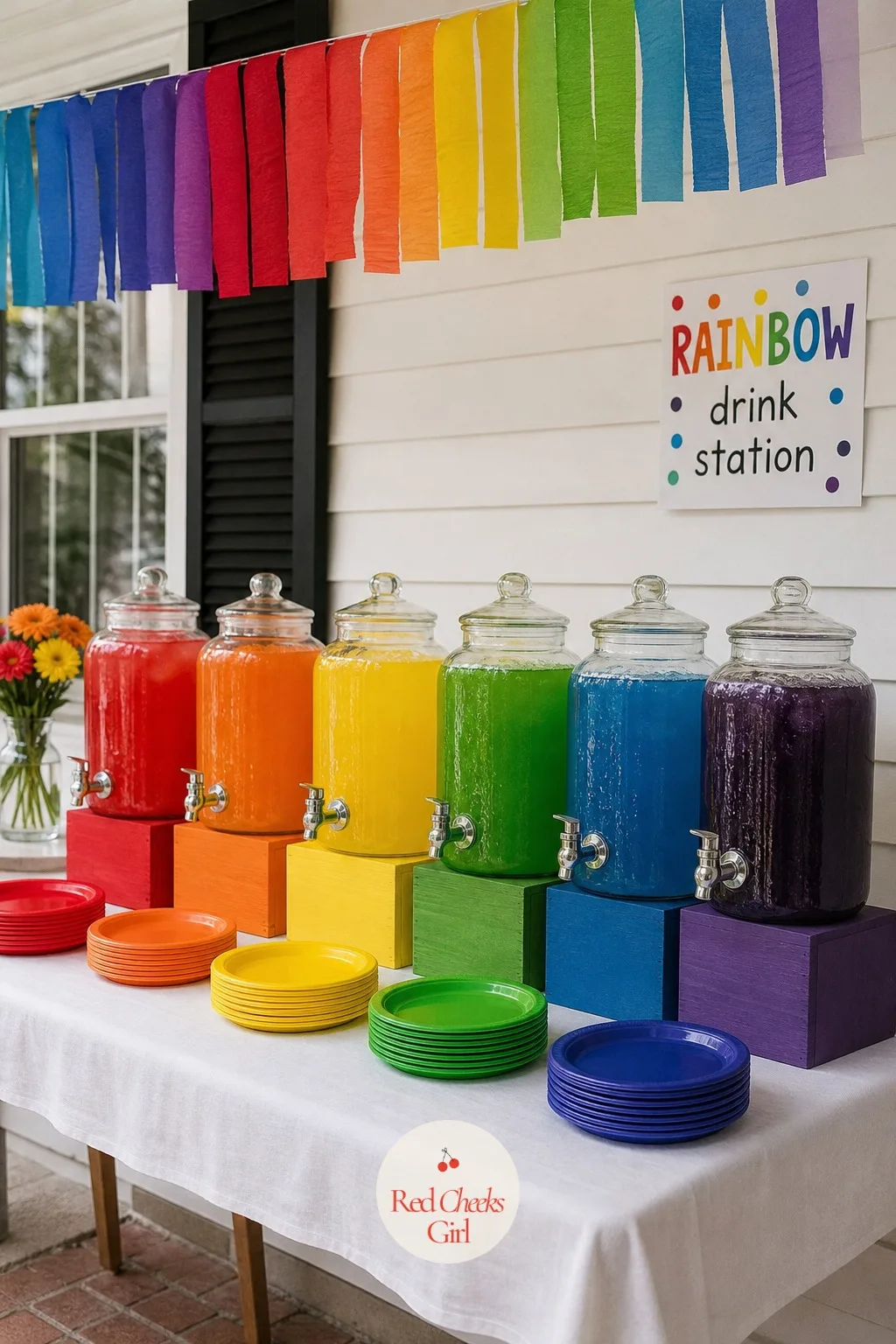 A Drink Station With Glass Dispensers In Color Order — A punch bowl looks festive for about ten minutes, then it warms up and gets sticky around the rim.