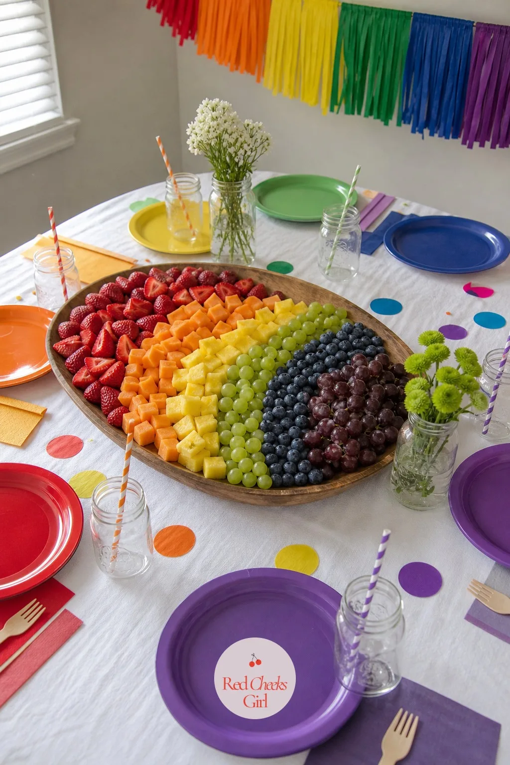 A Fruit Platter Arranged In Arcs On A Long Table With Rainbow Plates — A bowl of mixed fruit is healthy and completely forgettable on a party table. Rainbow