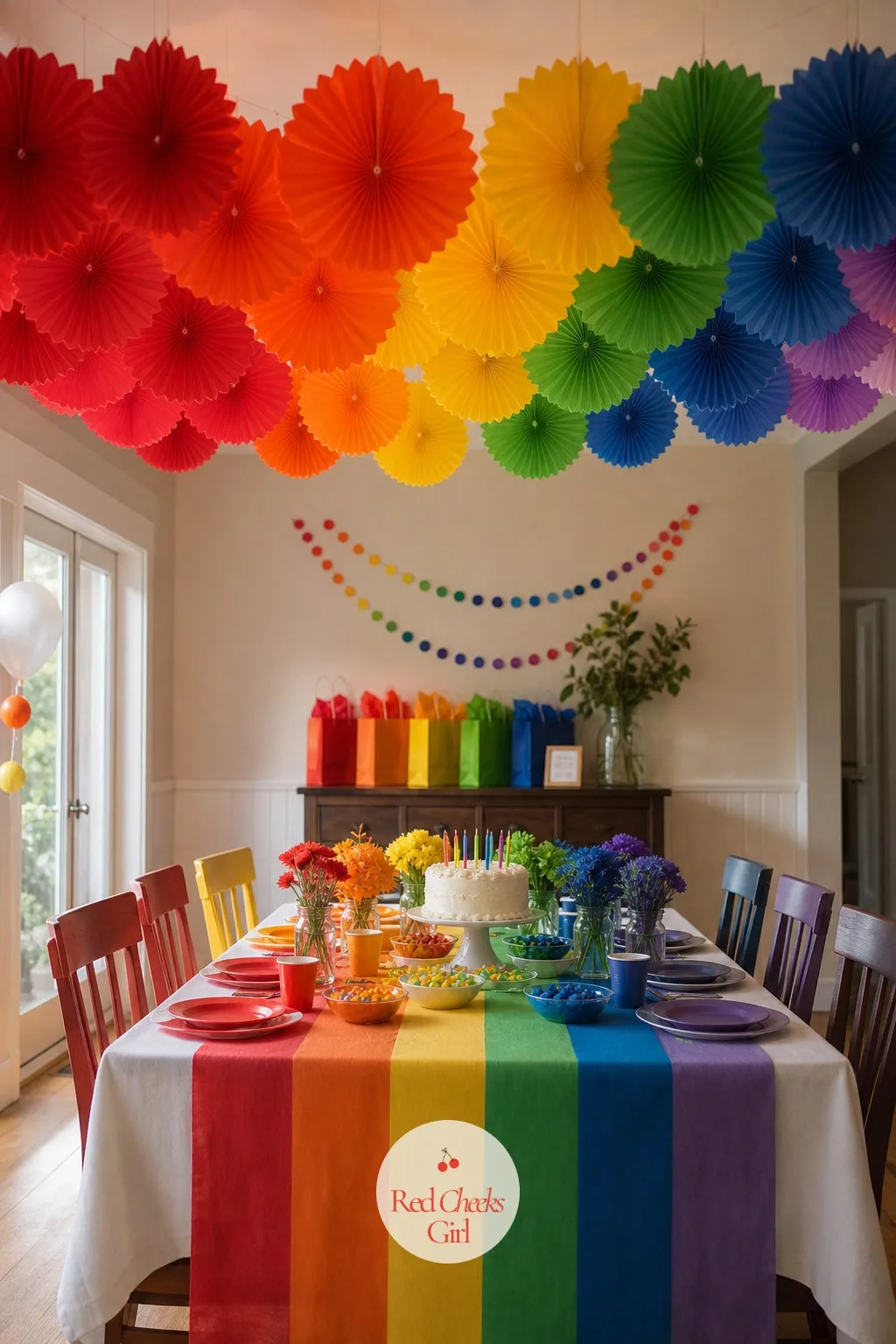 A Paper Fan Ceiling Installation In Color Order — Decorate the walls and the table and the ceiling still looks bare the second anyone glances up. Rainbow