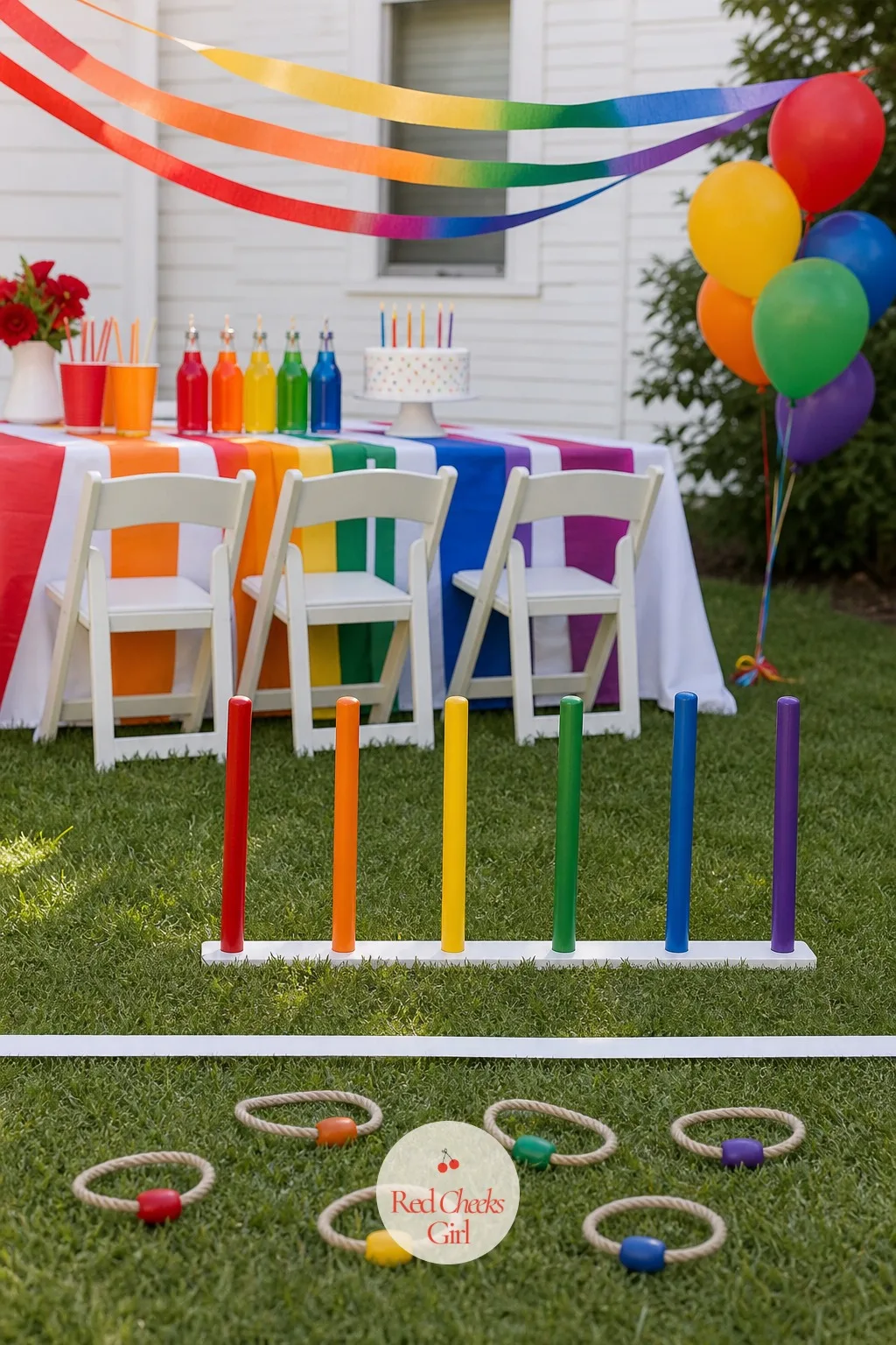 A Rainbow Ring Toss Lawn Game — Pegs painted in color order, red through violet, stand in a row stuck into the lawn or a weighted wood base. Rainbow themed