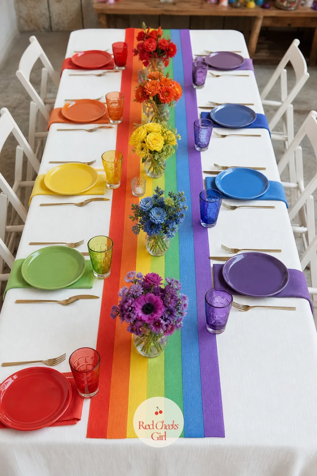 A Rainbow Table Runner With Gradient Place Settings — Mismatched paper plates grabbed from a multipack look exactly like what they are. Rainbow themed birthday
