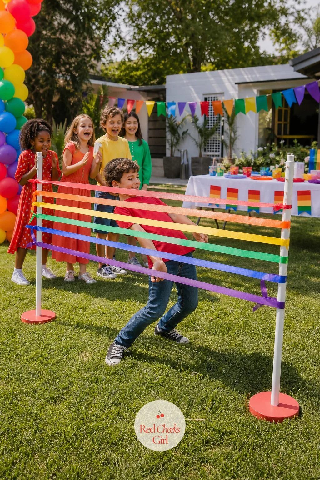 A Ribbon Streamer Limbo Lane Across The Lawn — Two poles stuck into the ground hold a bar of ribbons tied in color order, red through violet, stretched between