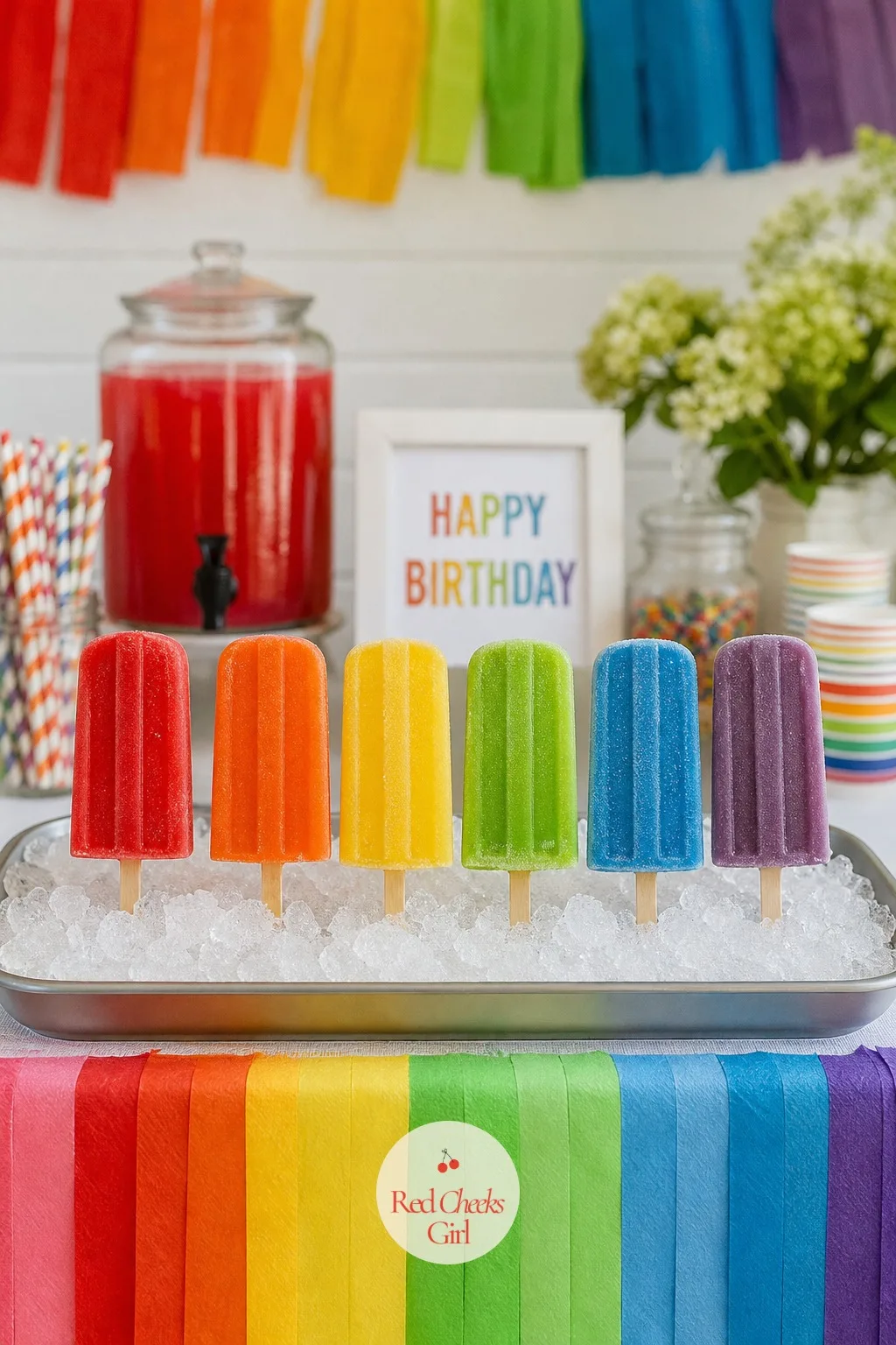 A Row Of Ice Pops In Every Color Of The Rainbow — On a hot afternoon a cold pop in the hand does more work than any decoration. Rainbow themed birthday party