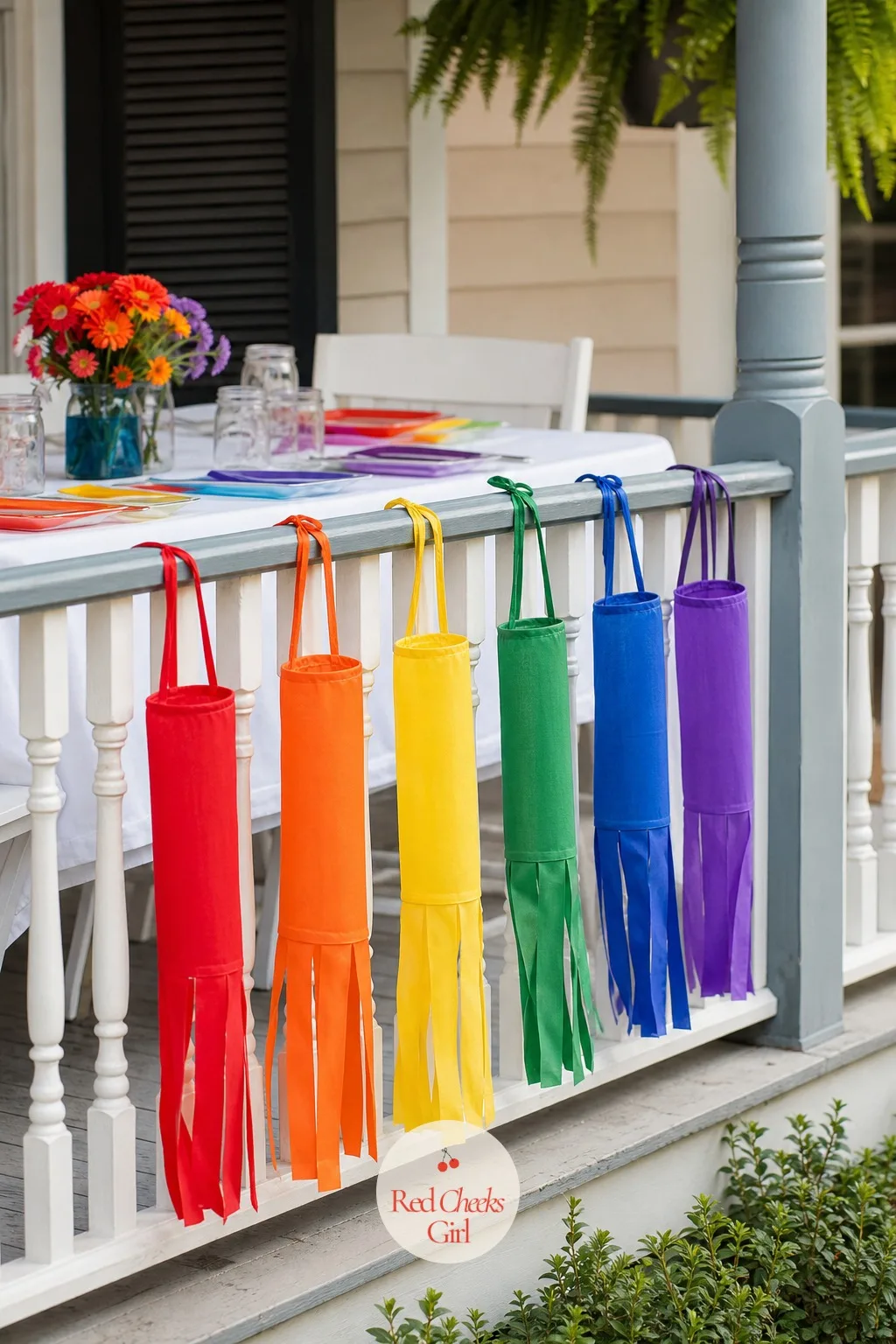 A Row Of Mini Wind Socks Tied Along The Porch Rail — A favor bag disappears into the back of a car and rarely gets opened again before Monday. Rainbow themed