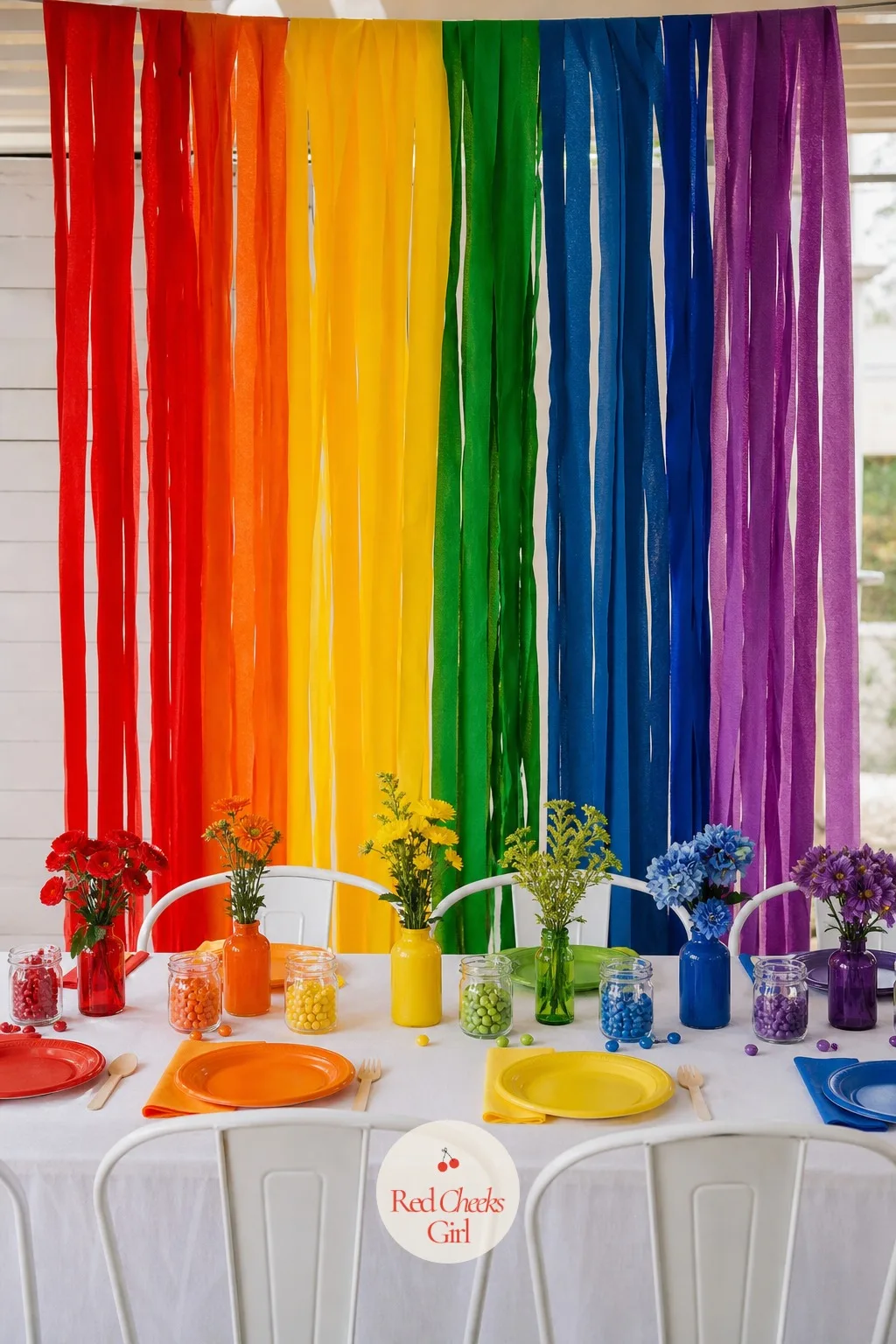 A Streamer Curtain Backdrop For Photos — Everyone ends up taking photos in whatever corner has the least clutter. Rainbow themed birthday party