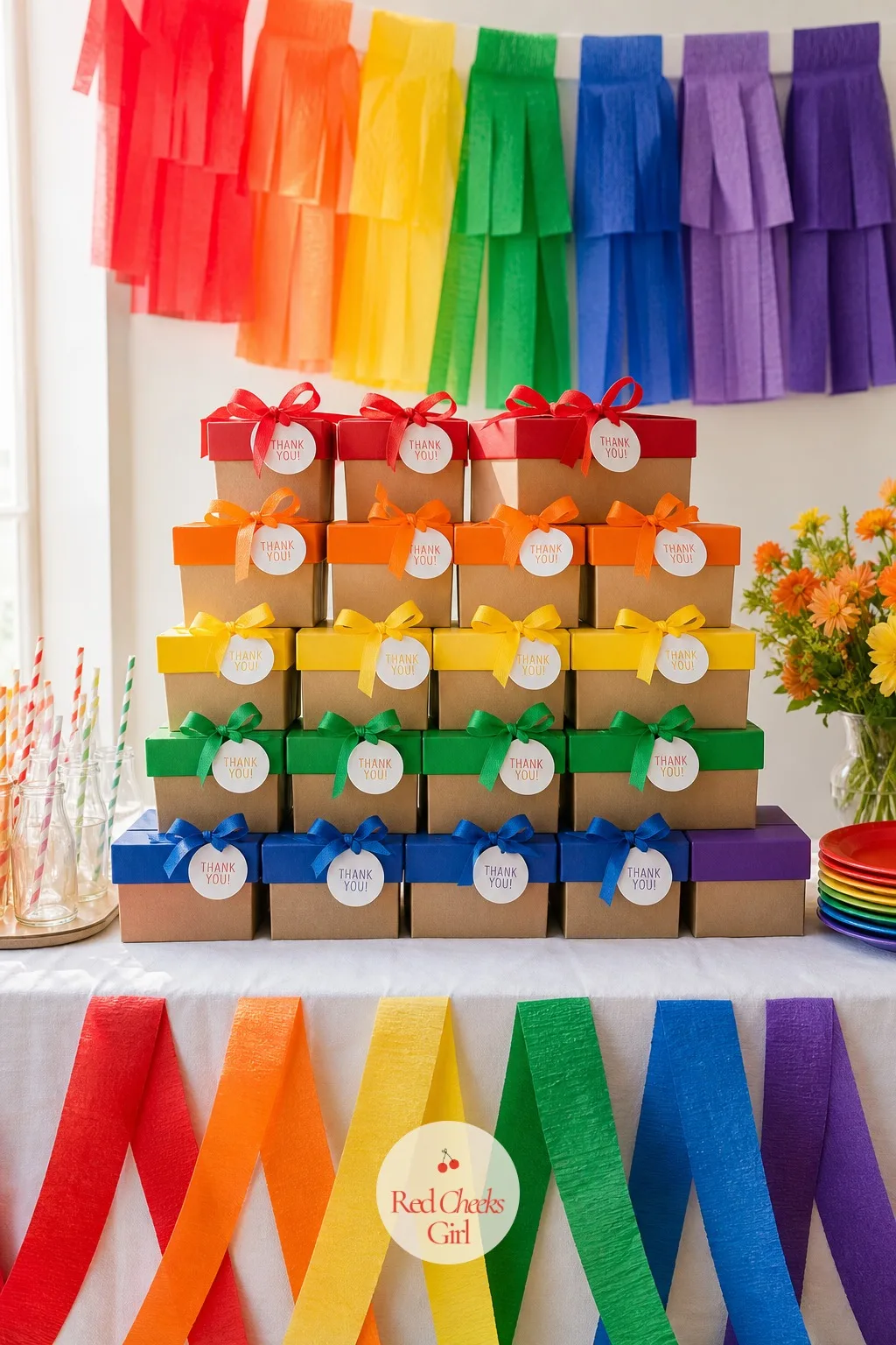 A Take-Home Box Stack With A Color-Block Lid On Each — A pile of loot bags on a table looks like leftovers waiting to be cleared away, not a gift anyone is